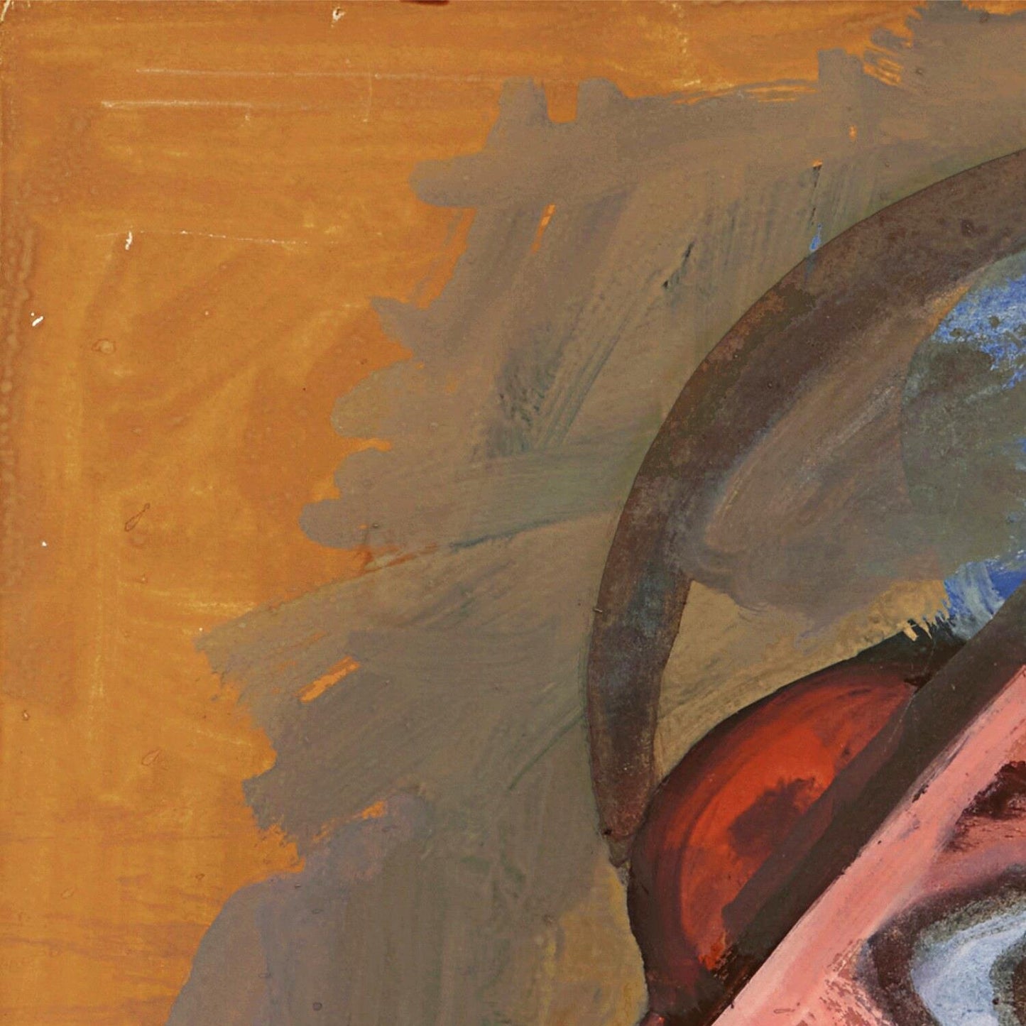 Abstract painting with brown, gray, and red colors