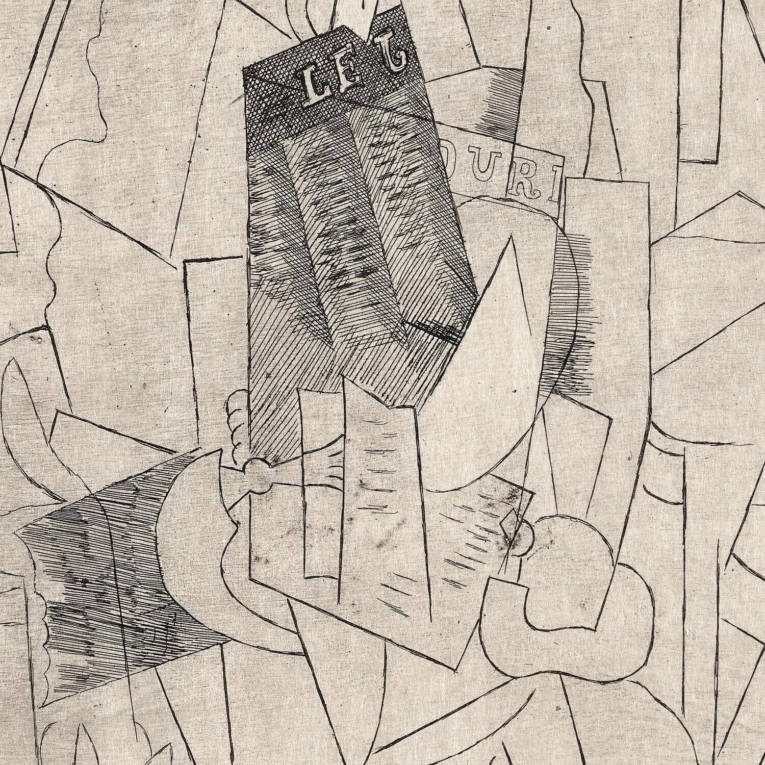 Abstract artwork with geometric shapes and text, featuring a person holding a newspaper.