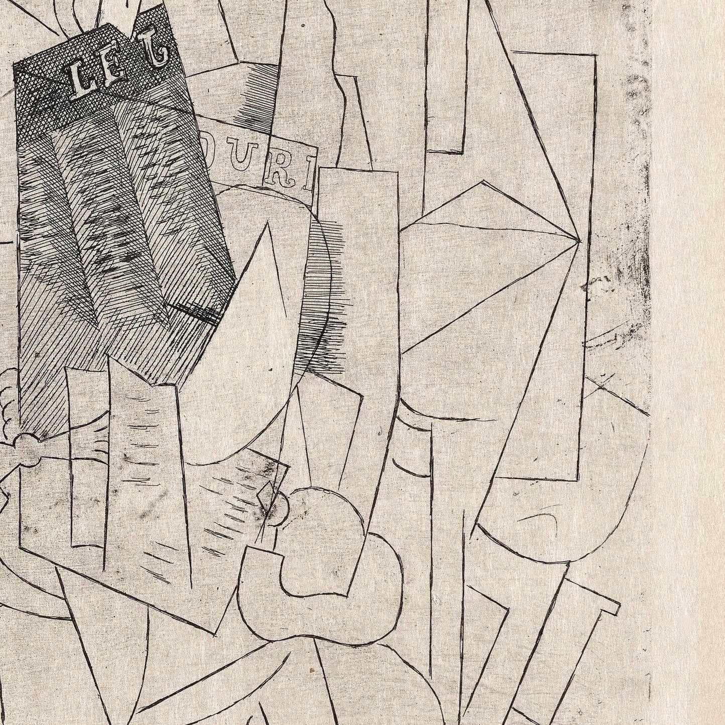 Abstract black and white artwork with geometric shapes and text on a textured beige background