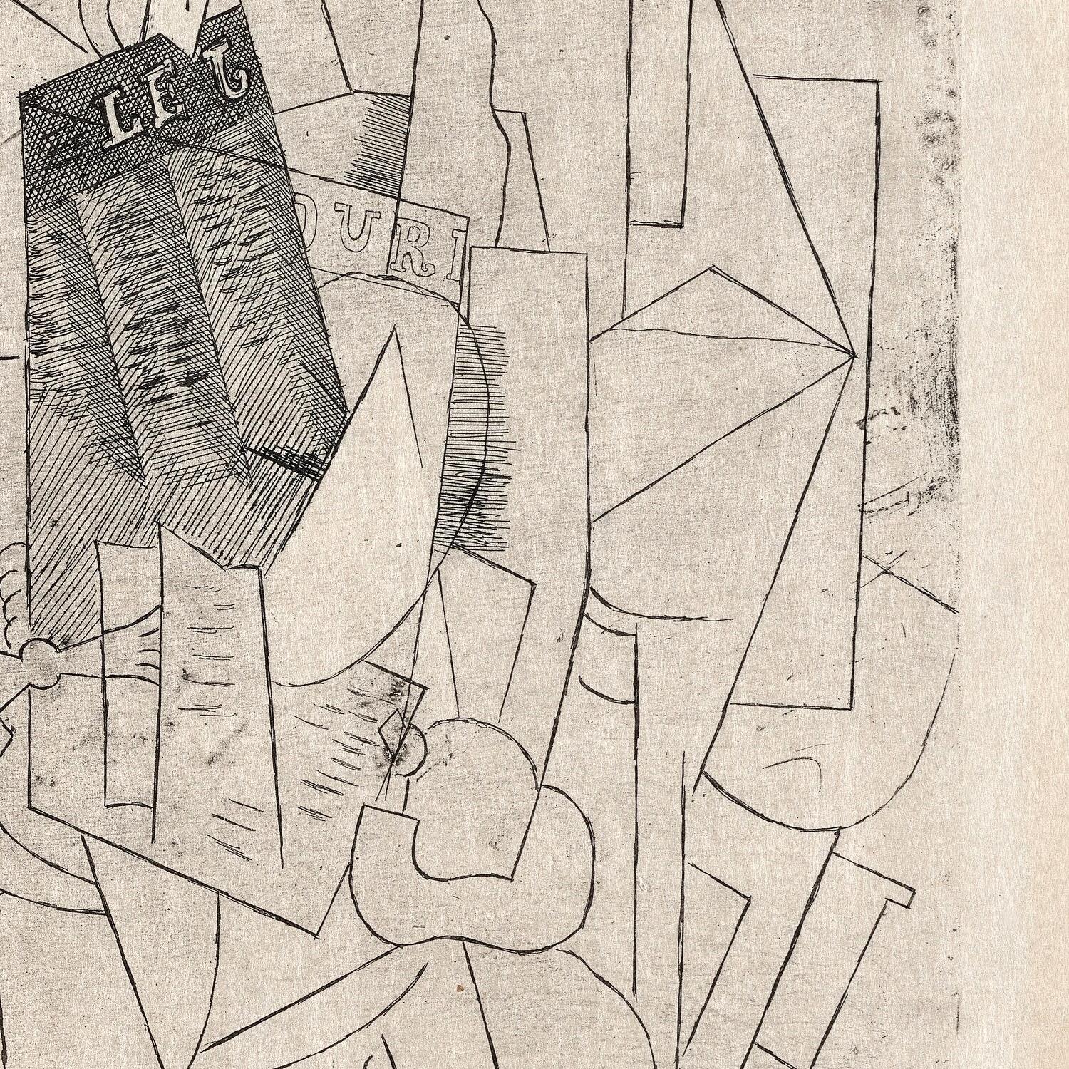 Abstract black and white artwork with geometric shapes and text on a textured beige background