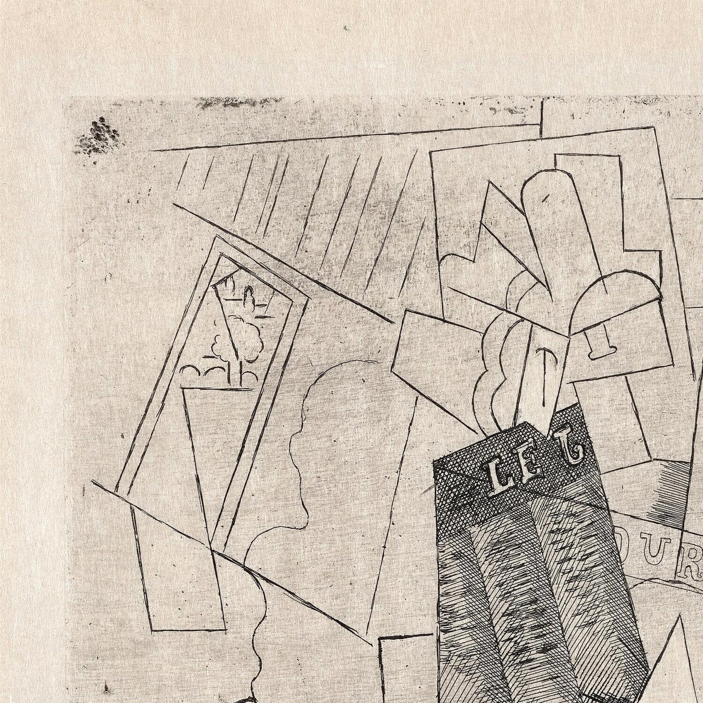 Abstract artwork with geometric shapes and text on a textured beige background