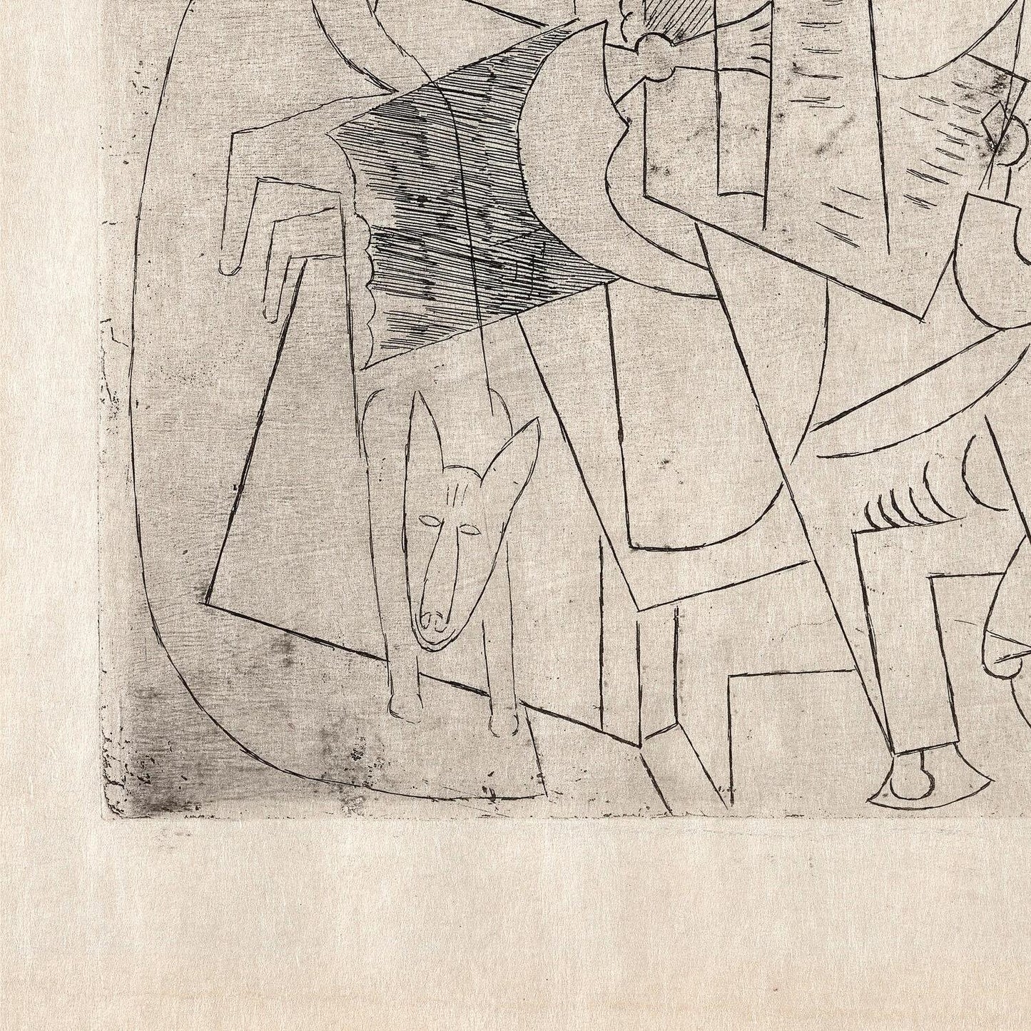 Abstract artwork with geometric shapes and lines on a textured beige background