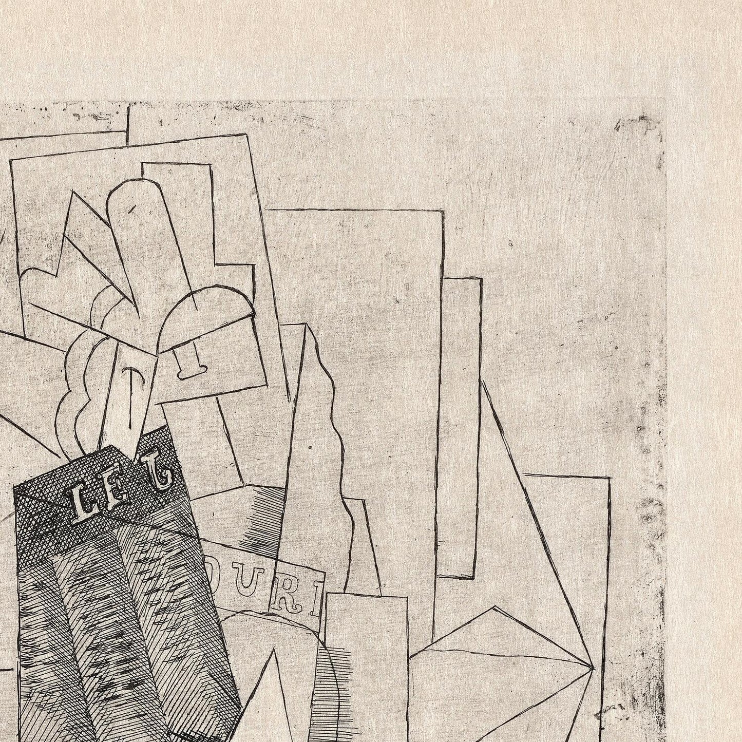 Abstract black and white artwork with geometric shapes on a textured beige background