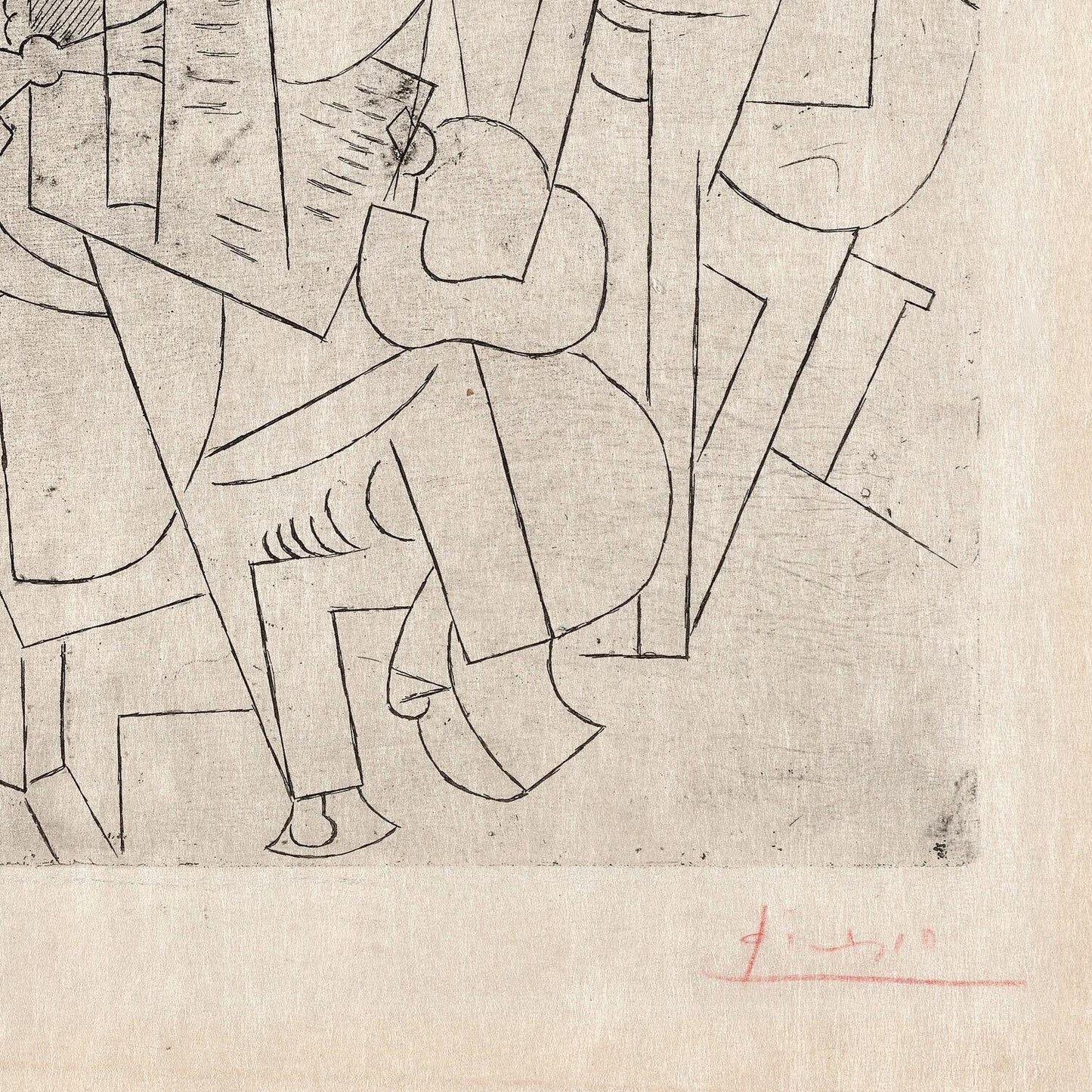 Abstract artwork with geometric shapes and a signature in red at the bottom right corner.