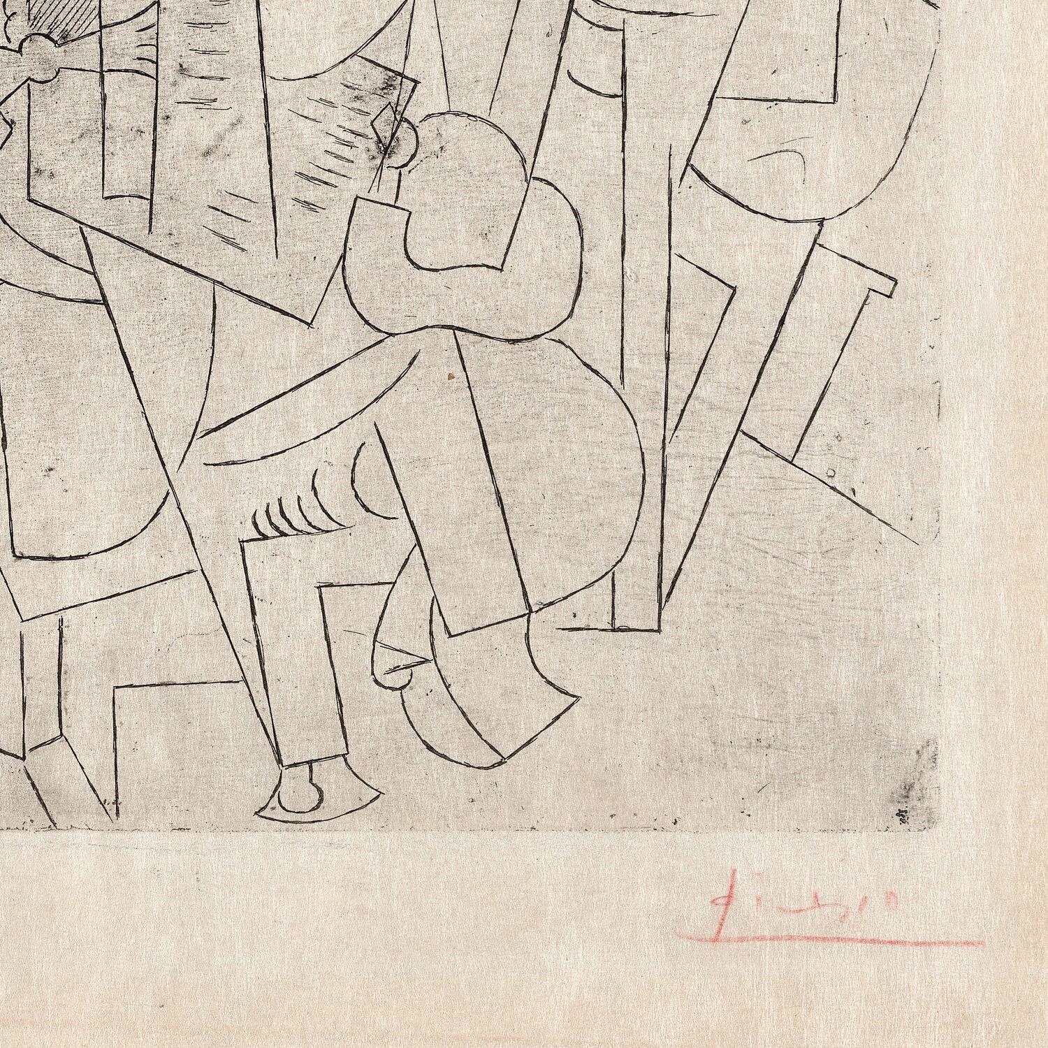 Abstract artwork with geometric shapes and a signature in red at the bottom right corner.