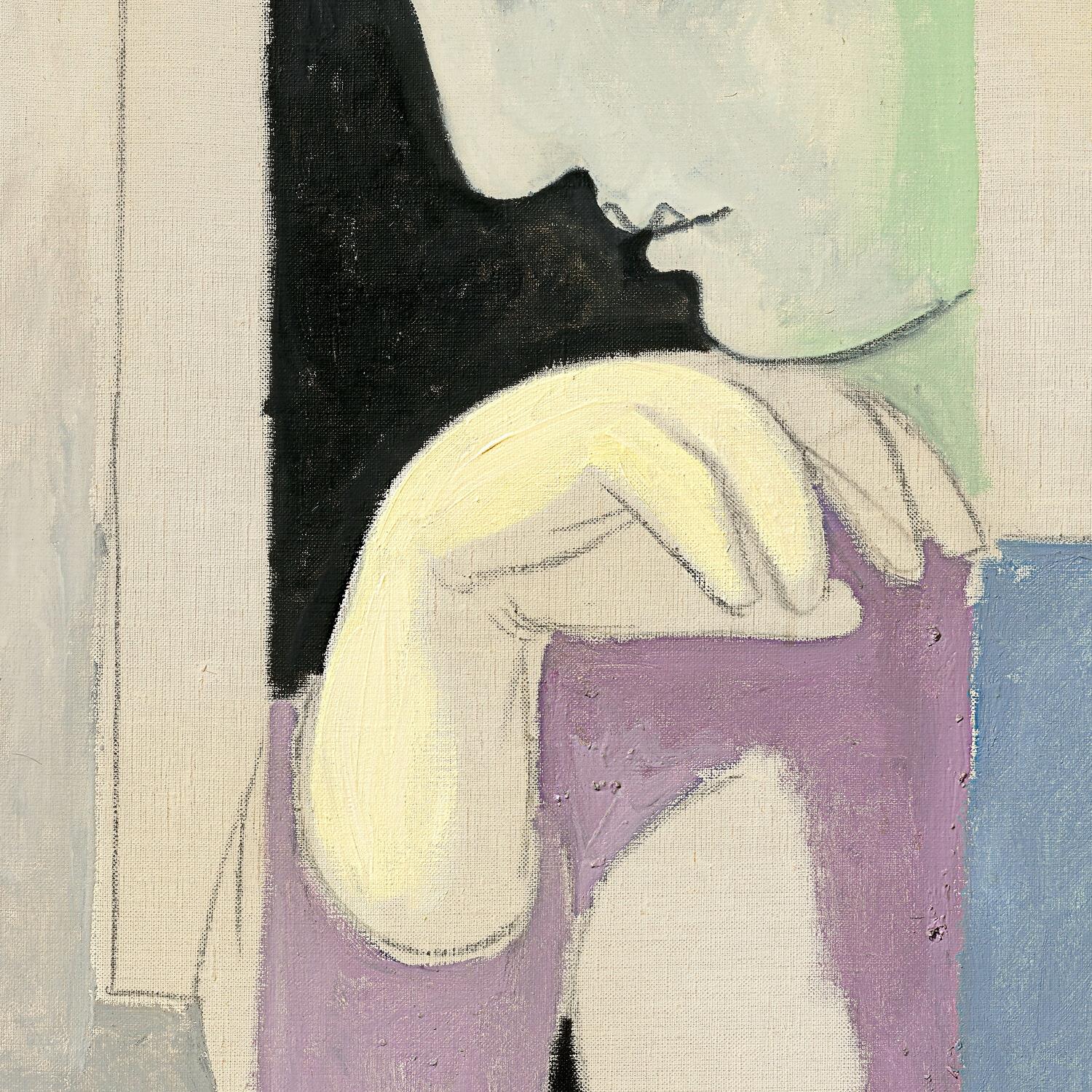 Artistic depiction of a person with a yellow arm and purple garment, possibly from a painting.