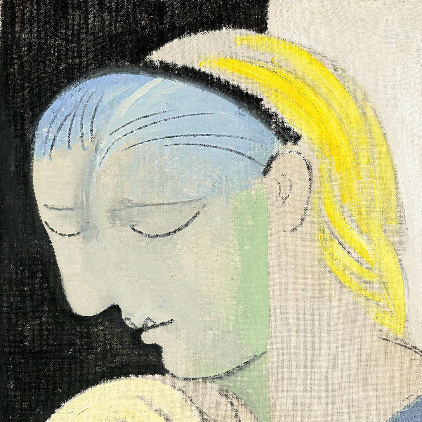 Artistic depiction of a face with blue hair and yellow hair, possibly from a painting or drawing.