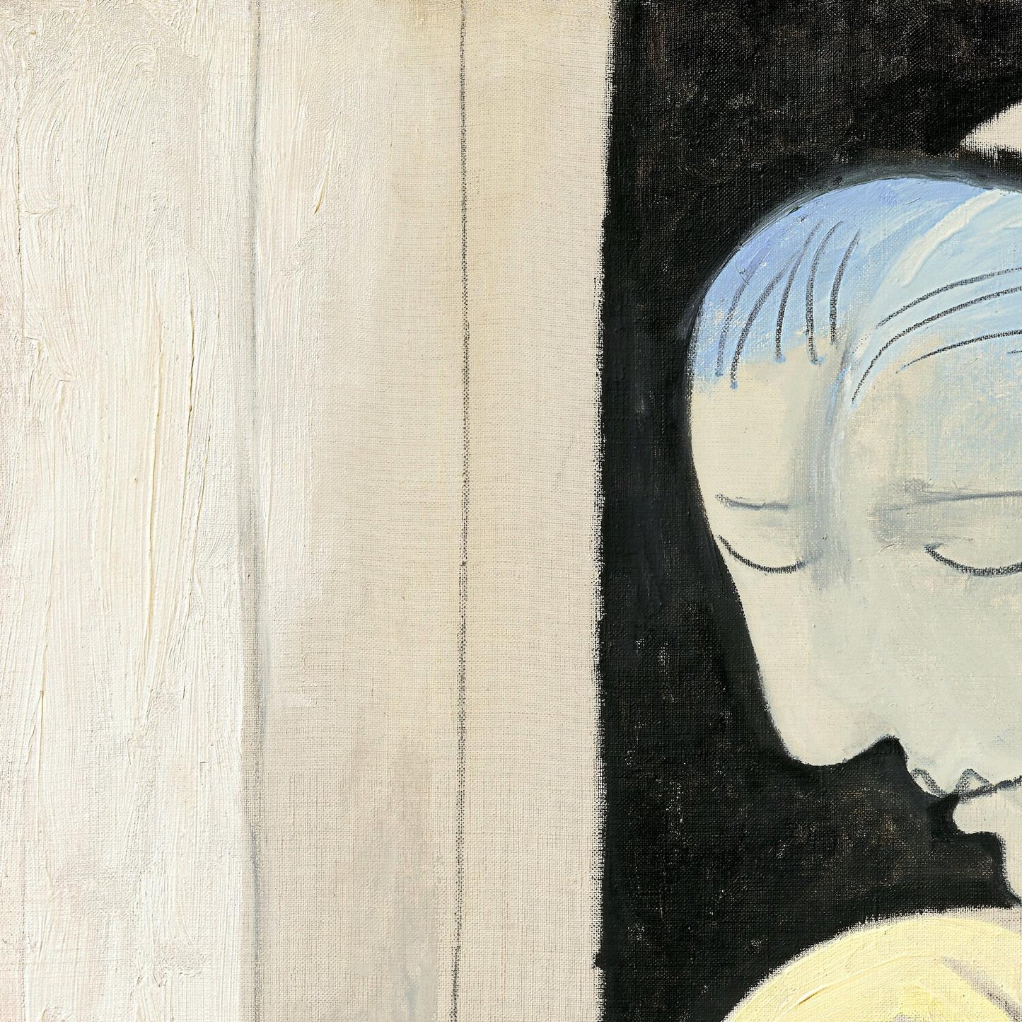 Close-up of a stylized face with blue hair and black clothing on a textured beige background