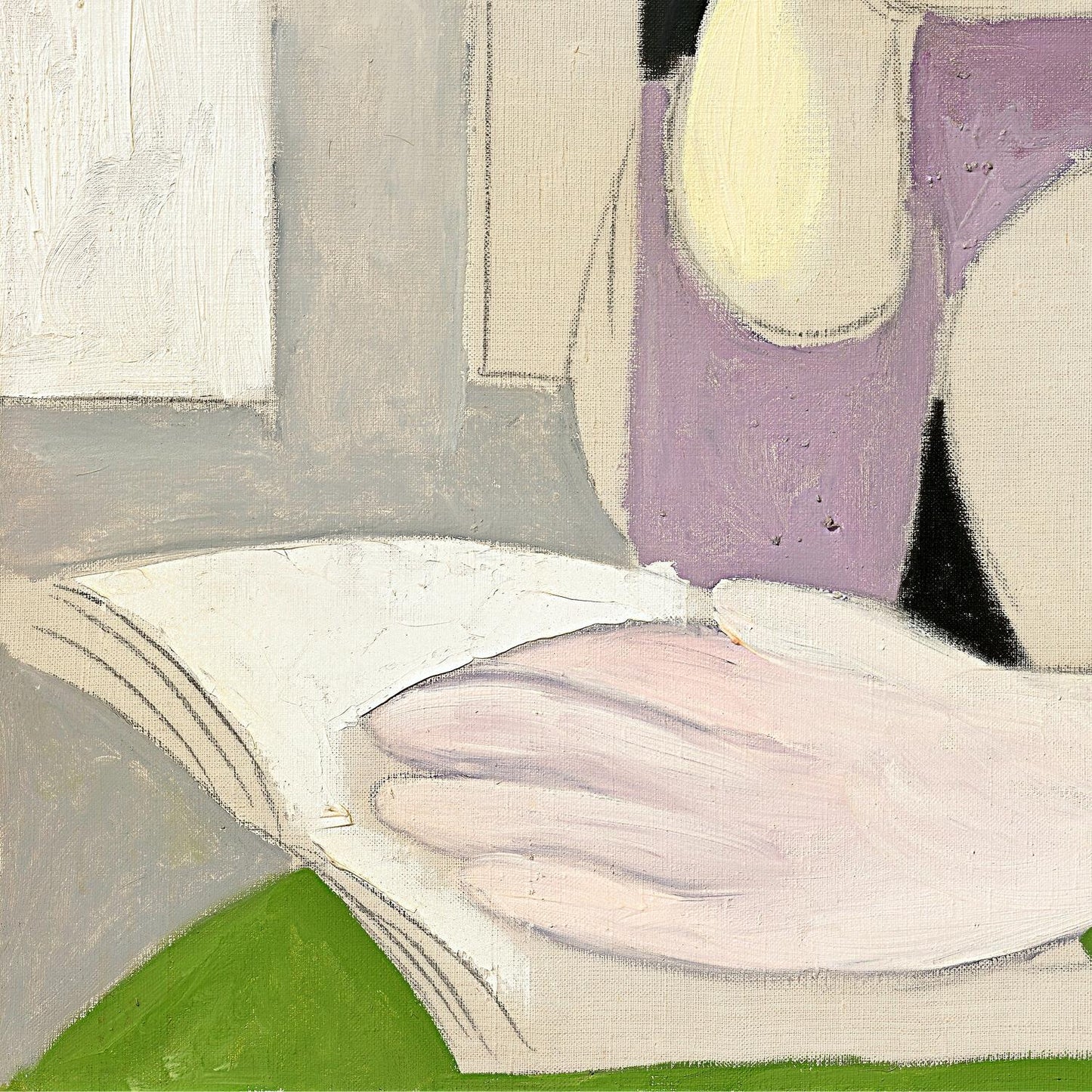 Abstract painting of a hand holding a book with a purple sleeve.