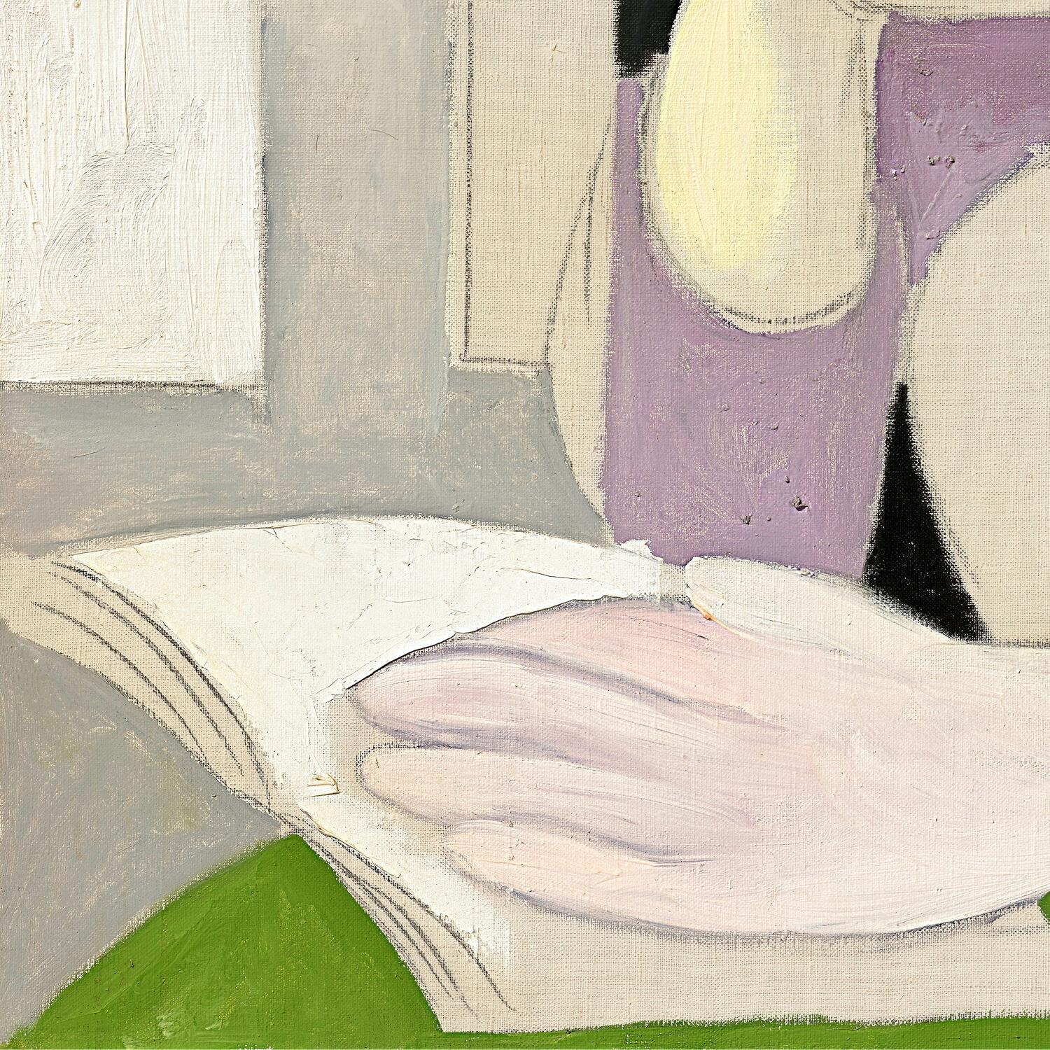 Abstract painting of a hand holding a book with a purple sleeve.