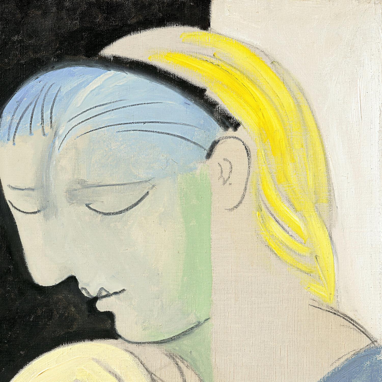 Artistic depiction of a woman with a yellow earring and blue hair, inspired by classical painting.