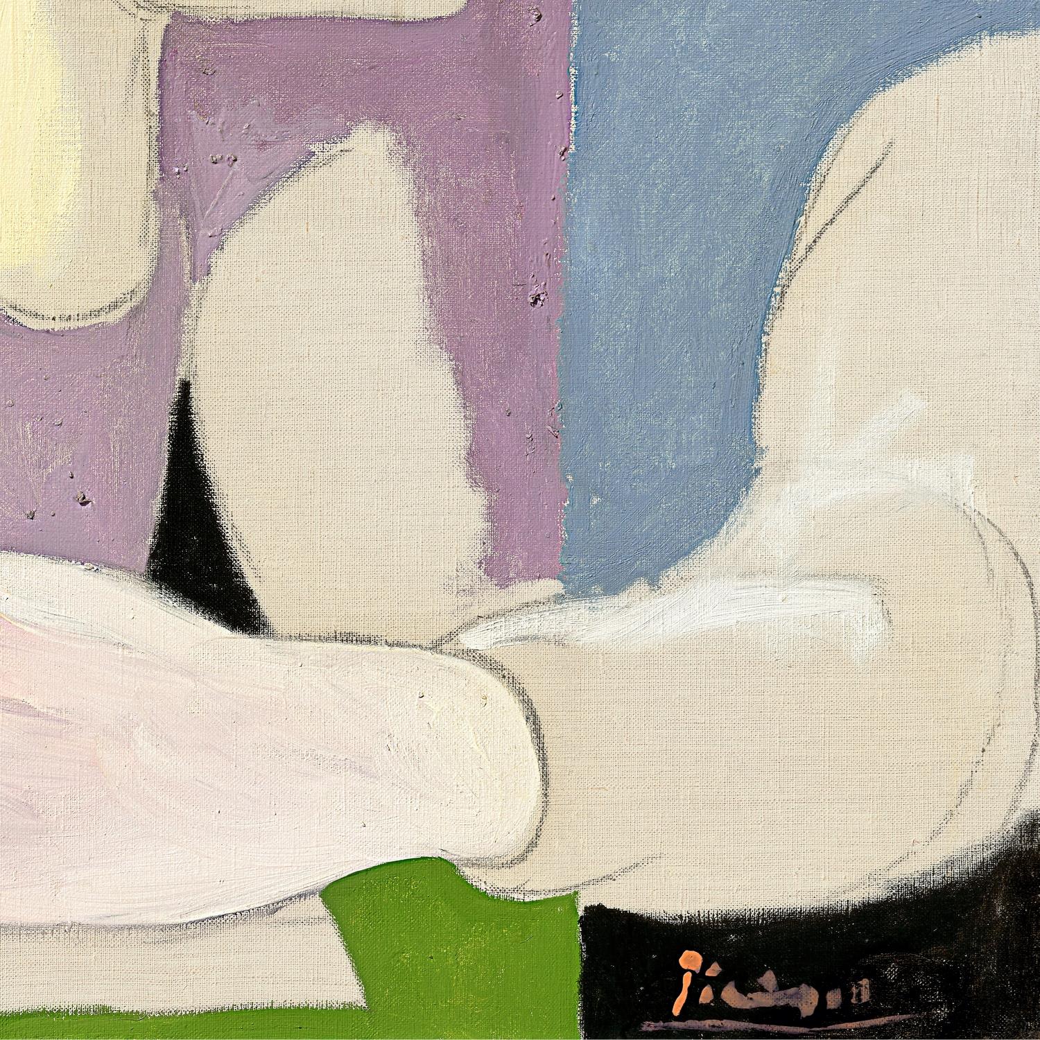 Abstract artwork with geometric shapes in purple, white, green, and blue.