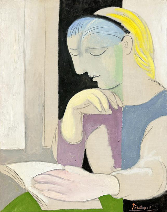 Artistic depiction of a woman reading a book with a stylized, abstract approach.