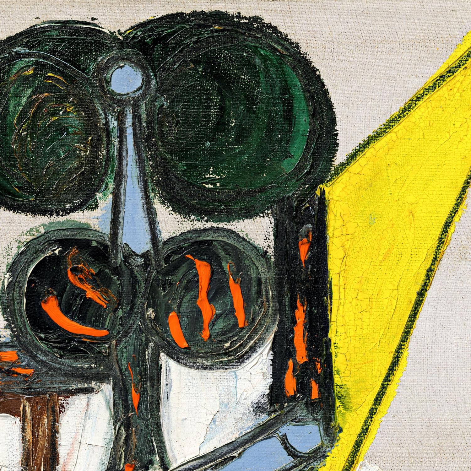 Abstract artwork with green, orange, and yellow elements on a textured background