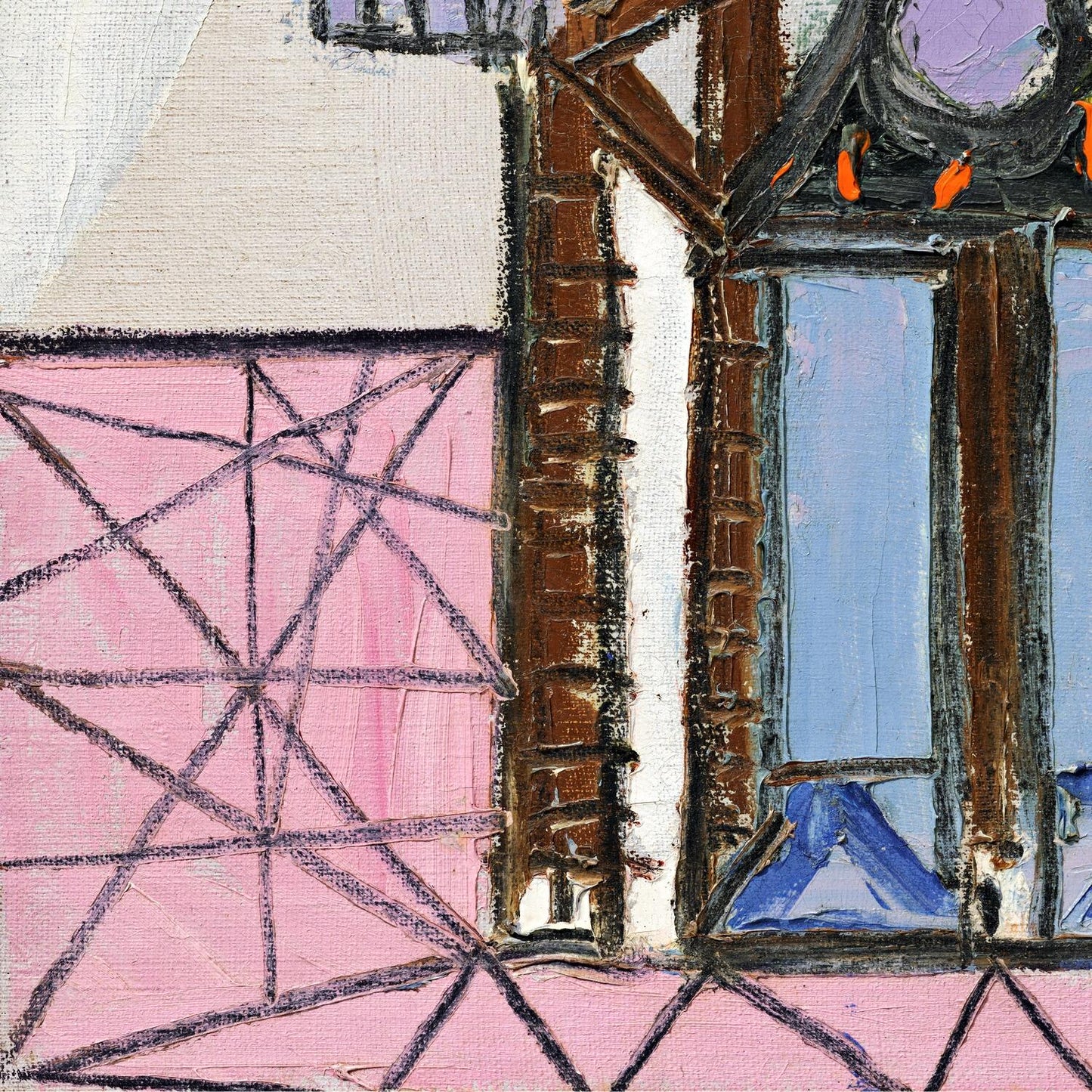 Abstract artwork with geometric shapes and a pink structure