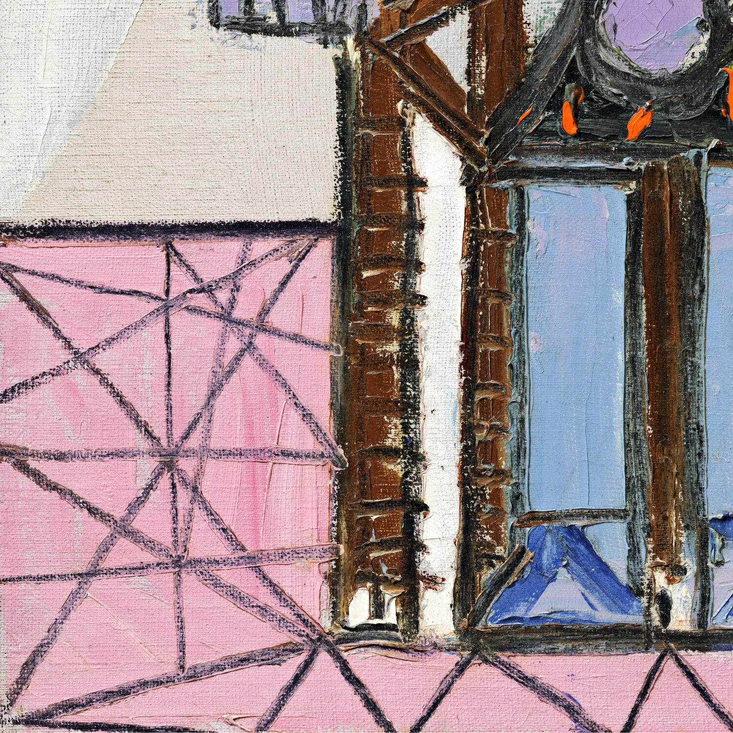 Abstract artwork with geometric shapes and a pink structure