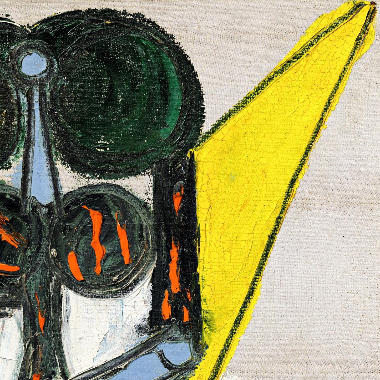 Abstract art piece with black, green, and yellow shapes on a textured beige background