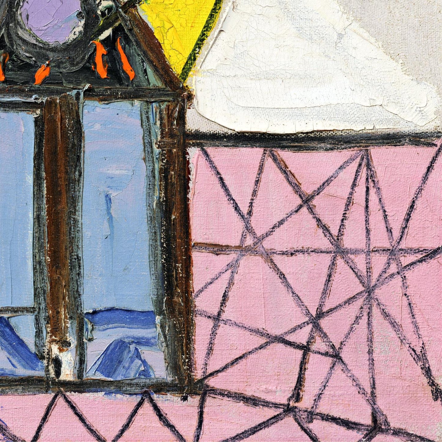 Abstract artwork with geometric shapes and lines on a textured surface