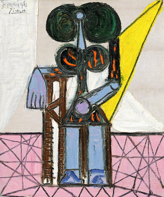 Abstract artwork with geometric shapes and colors, featuring a figure and a yellow triangle.