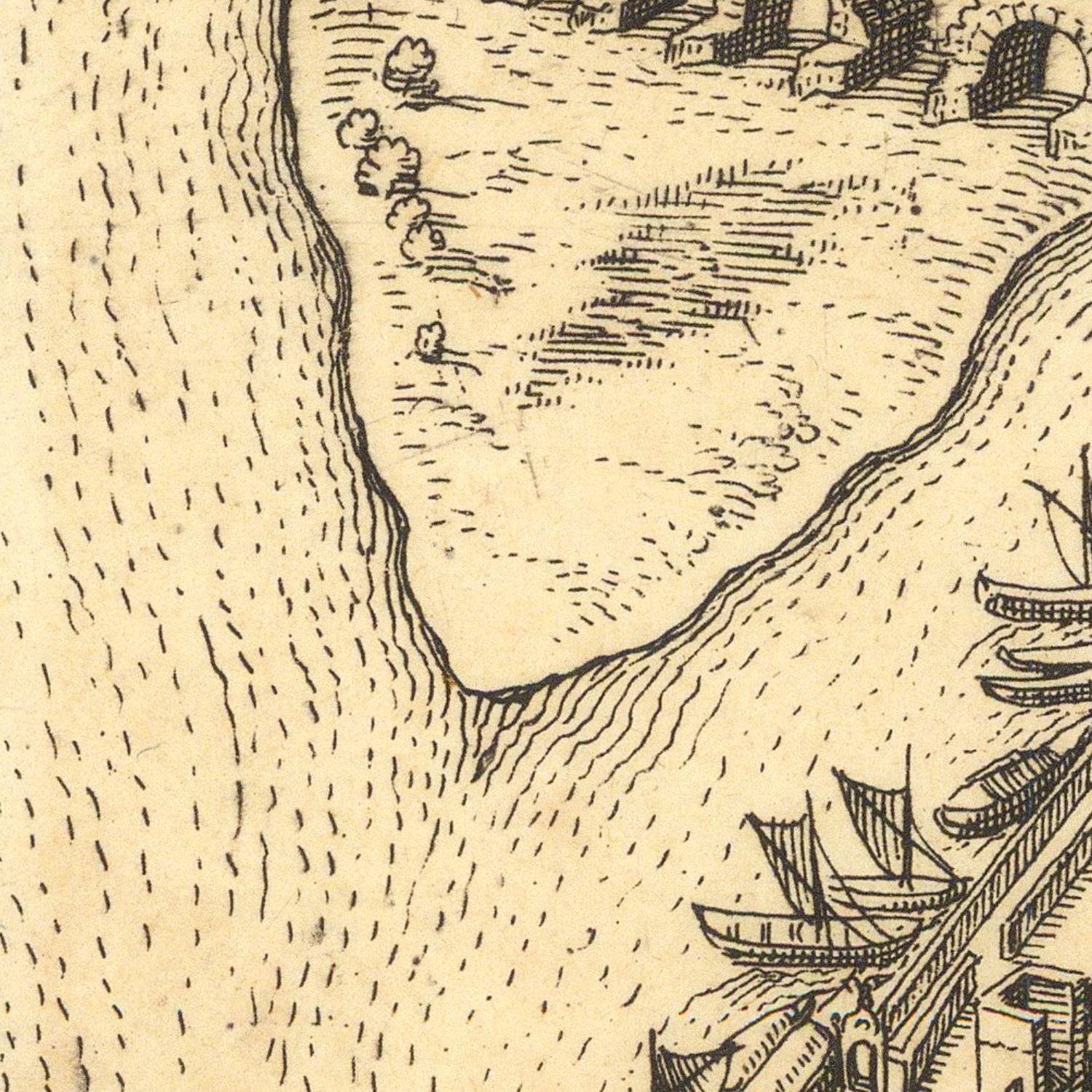 Vintage map detail showing a coastal scene with ships and buildings.