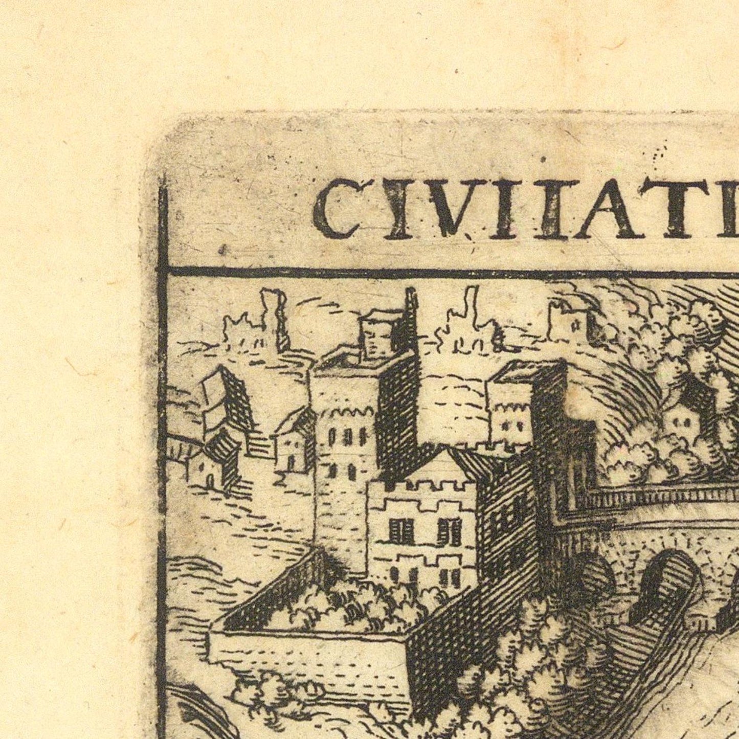Vintage illustration of a town with 'CIVIIAT' text on a beige background