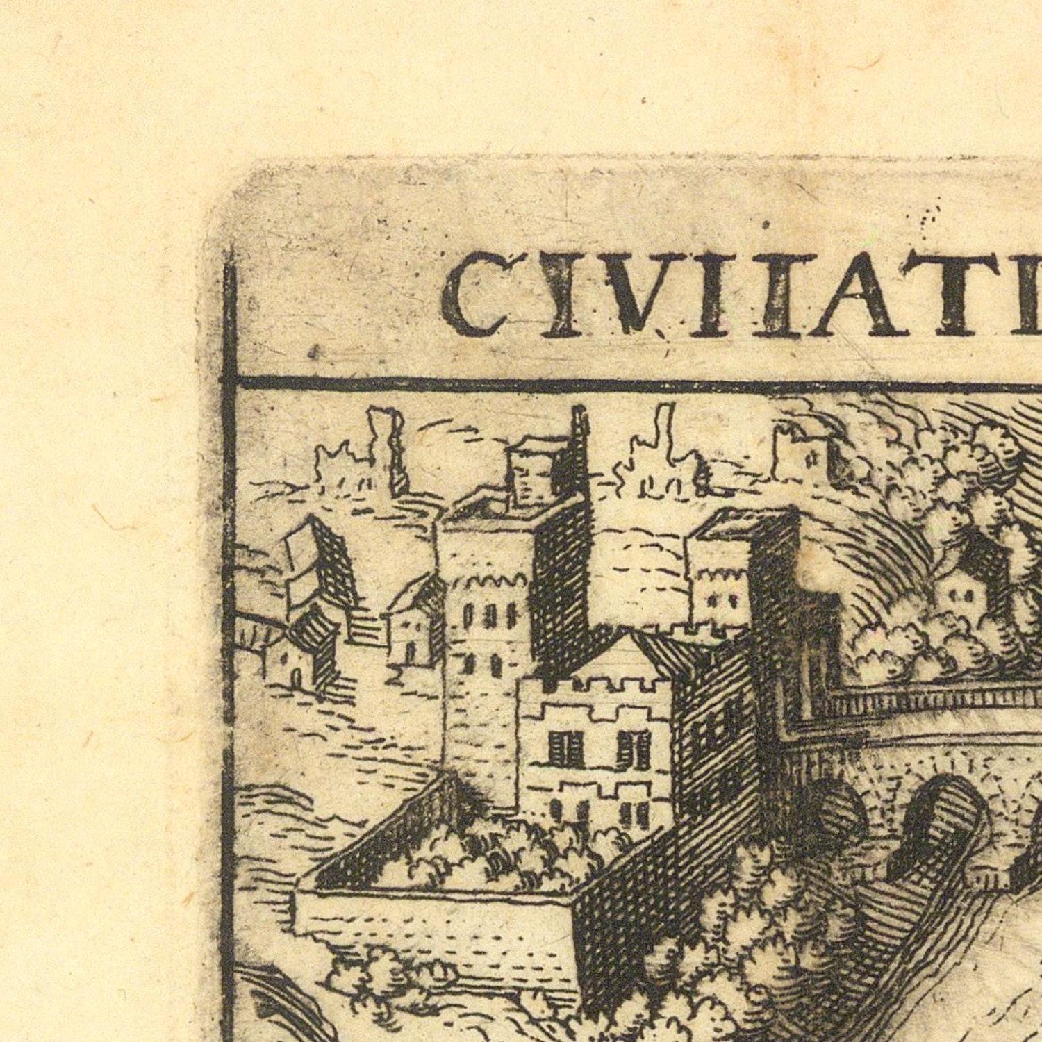 Vintage illustration of a town with 'CIVIIAT' text on a beige background