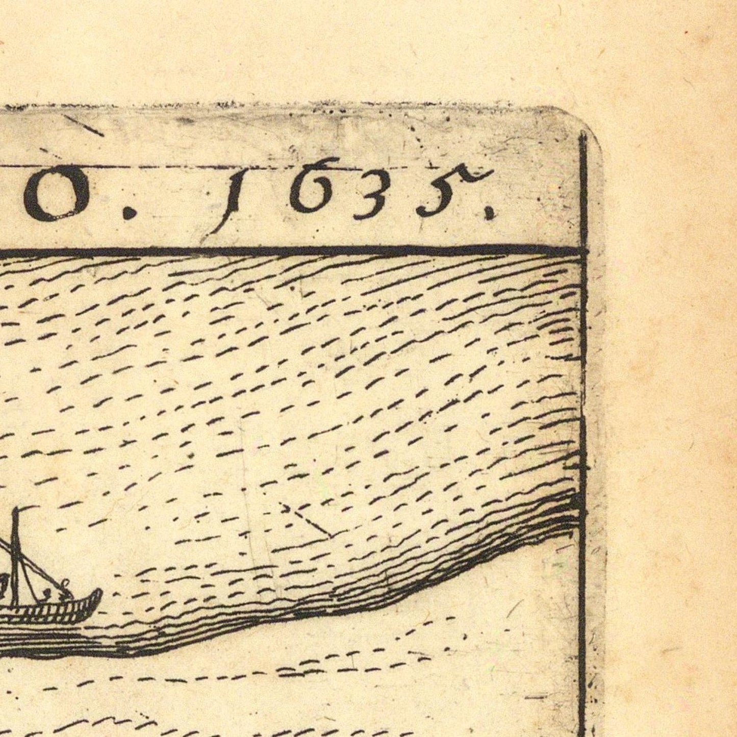 Vintage map detail with a ship and date '1635' on a beige background