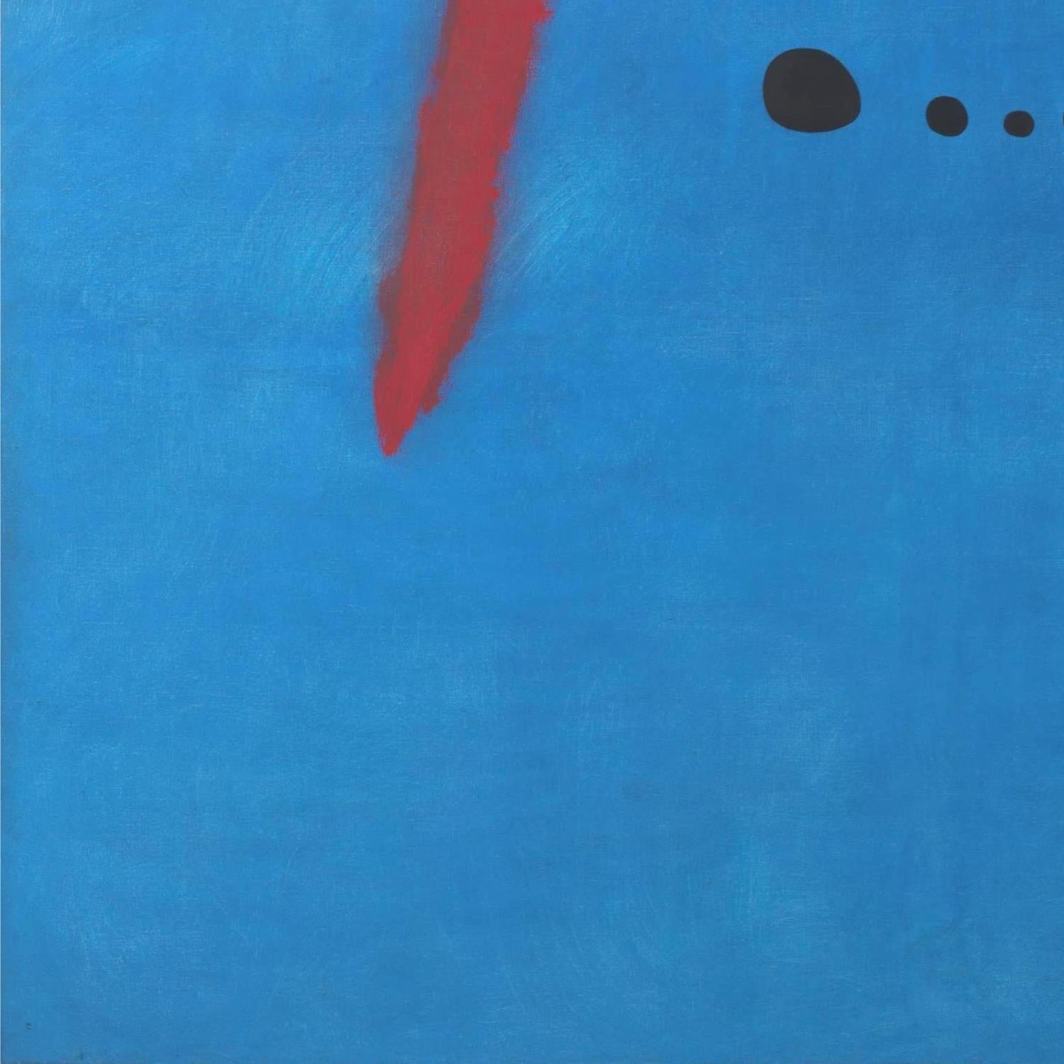 Abstract art with a red triangle and black dots on a blue background
