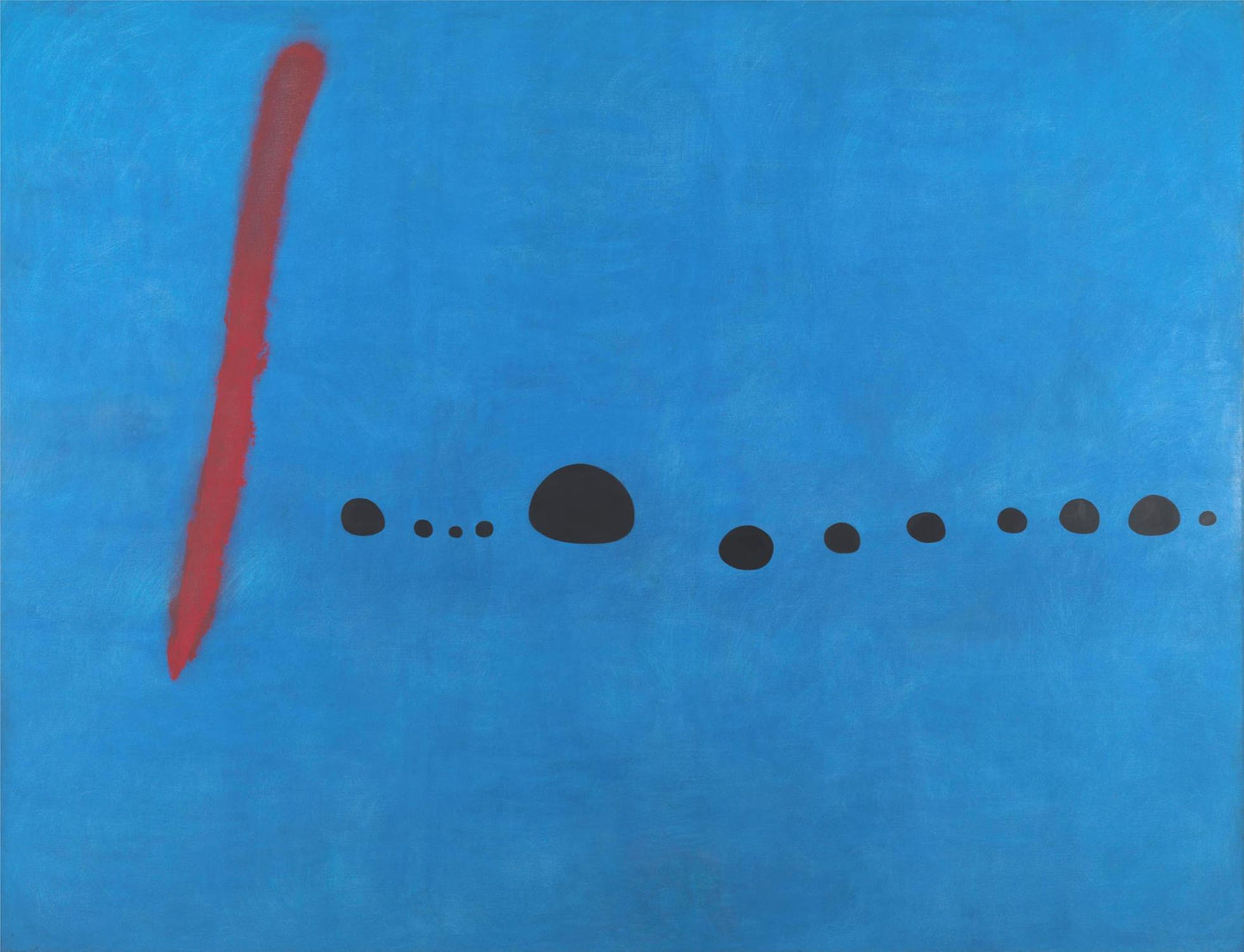Abstract artwork with a red line and black dots on a blue background
