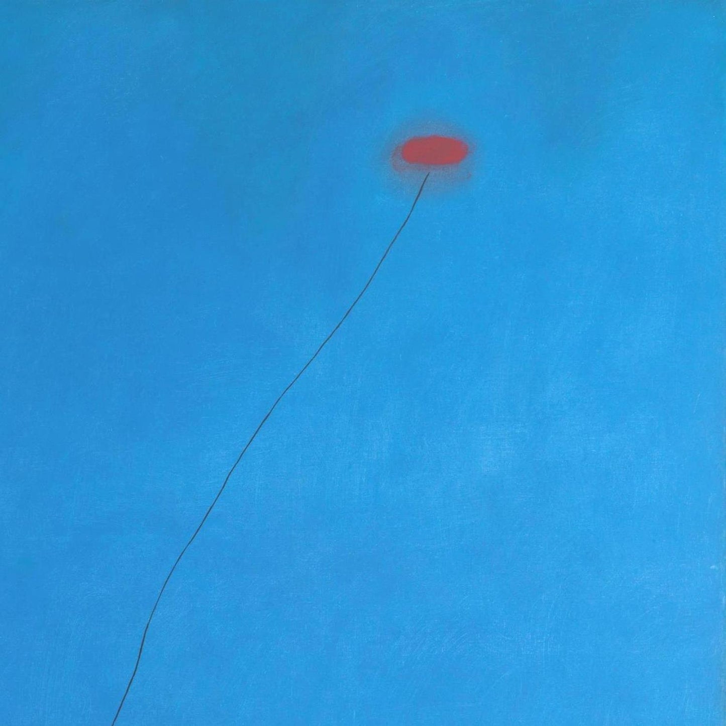 Abstract artwork with a red circle and black line on a blue background