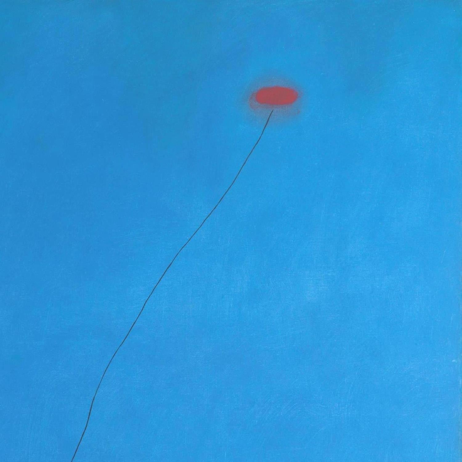 Abstract artwork with a red circle and black line on a blue background