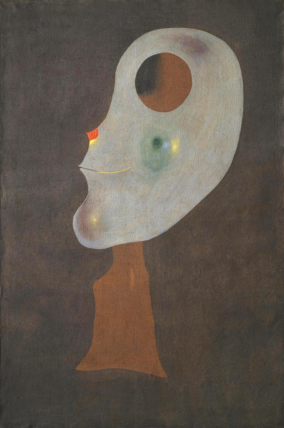 Abstract artwork of a stylized face with a dark brown background