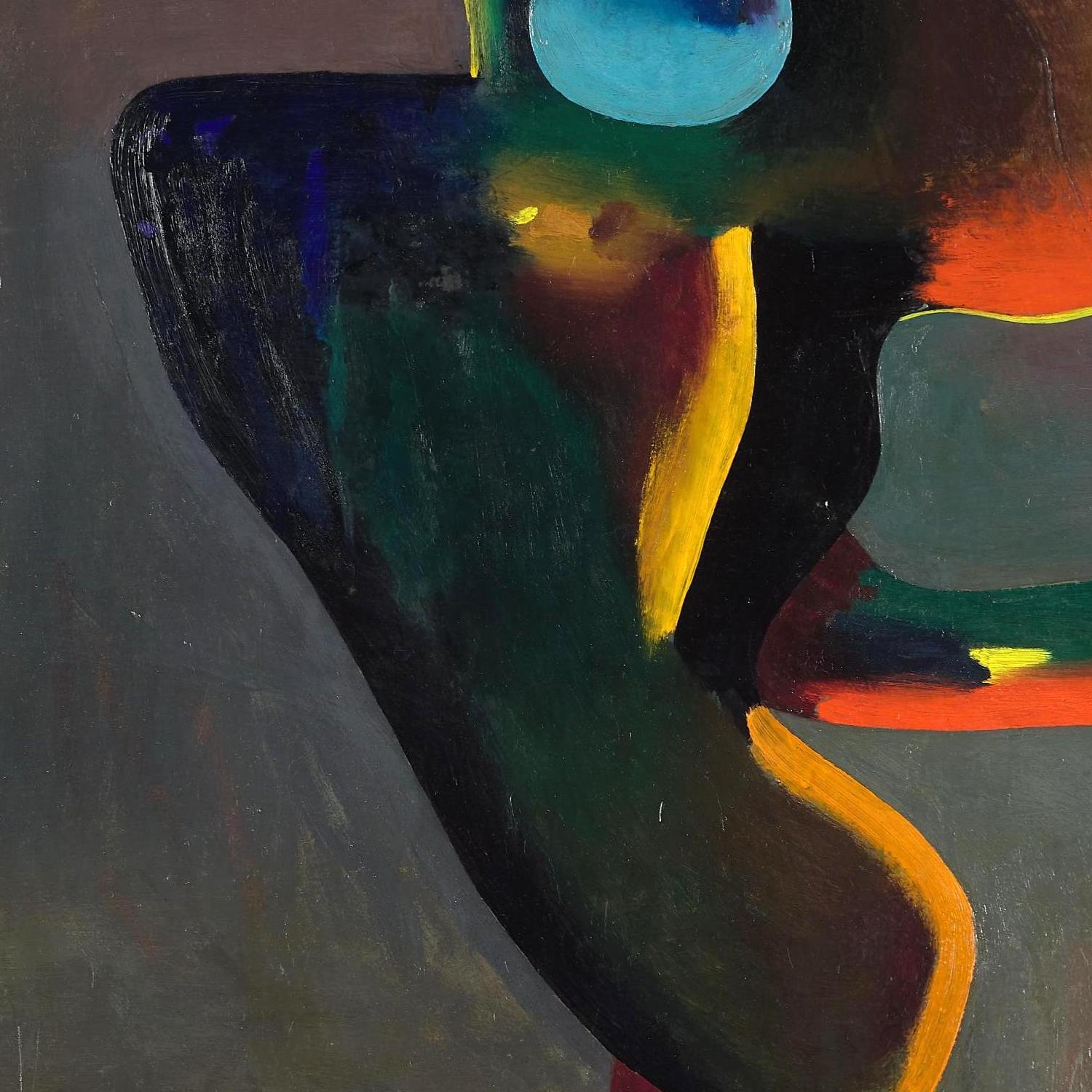 Abstract painting with bold colors and shapes on a dark background