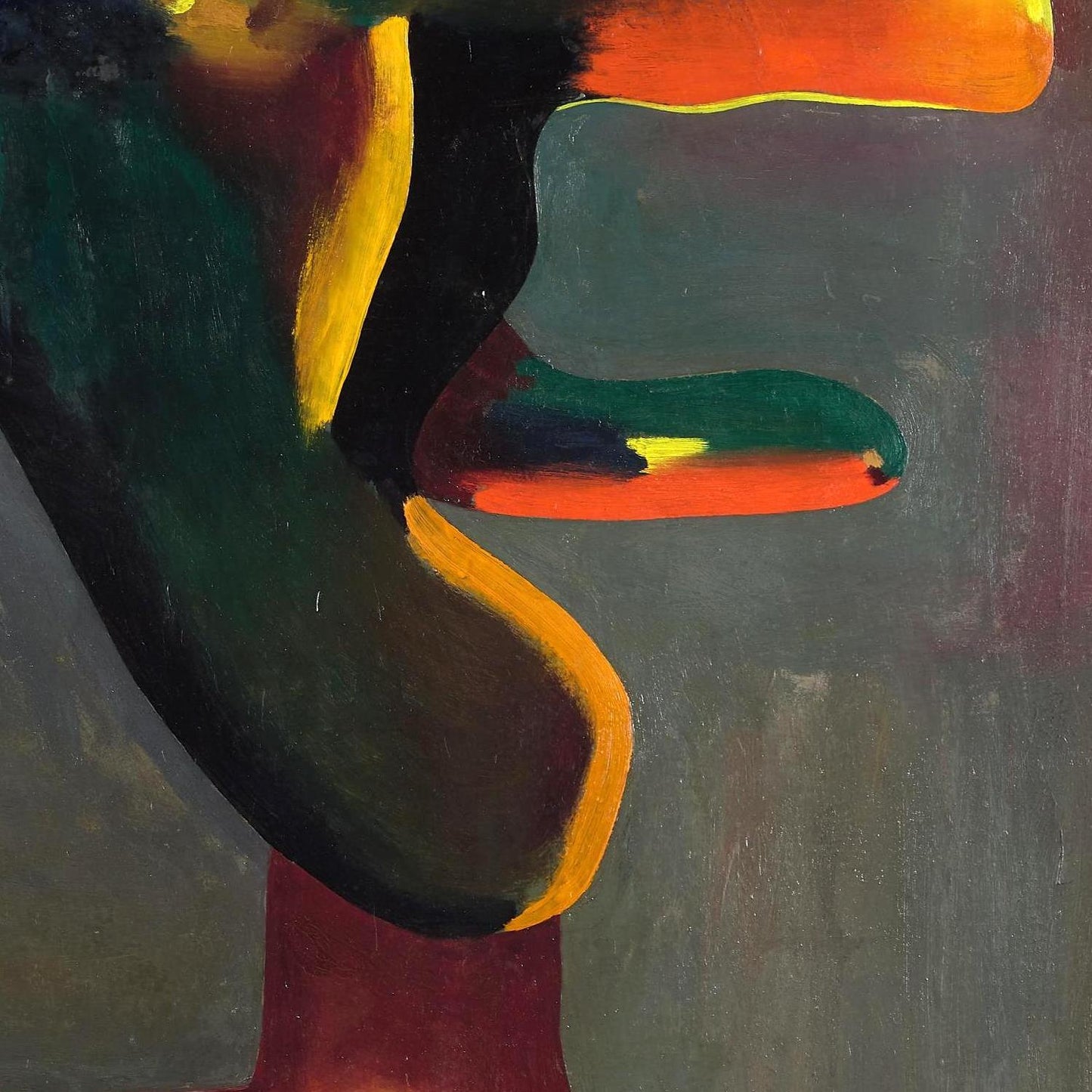 Abstract painting with bold colors and shapes on a dark background