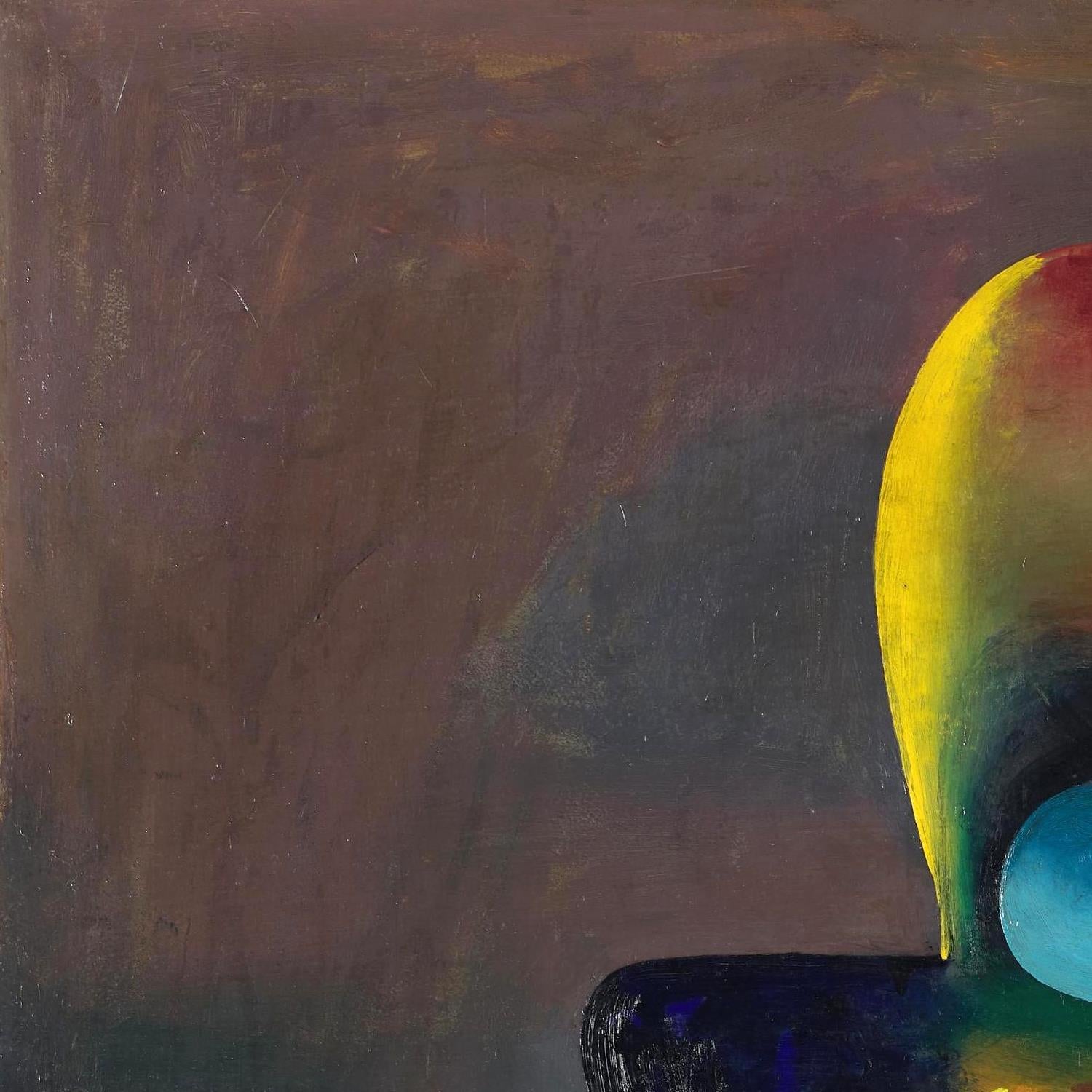 Abstract painting with a colorful sphere on a dark background