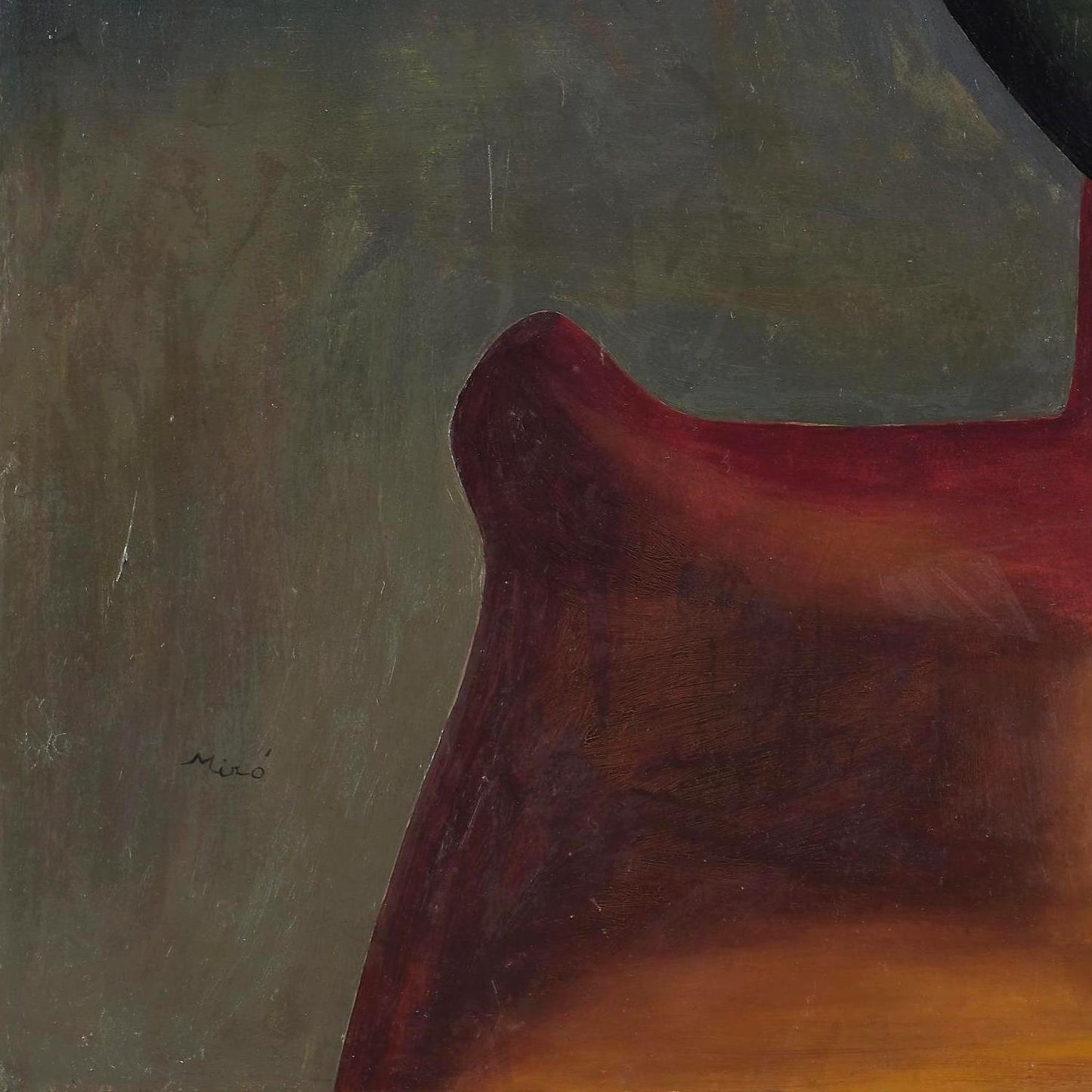 Abstract painting with a red and brown shape on a textured gray background