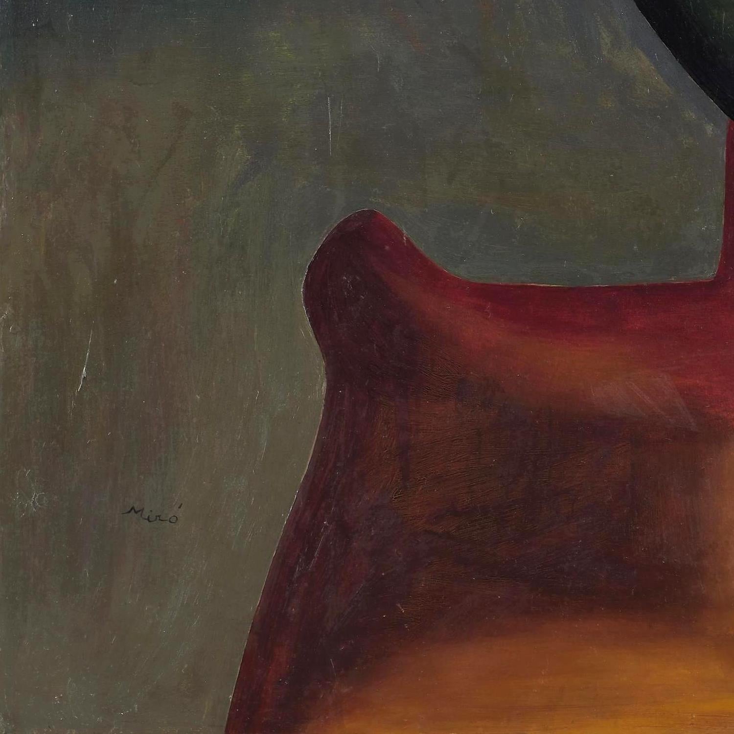 Abstract painting with a red and brown shape on a textured gray background