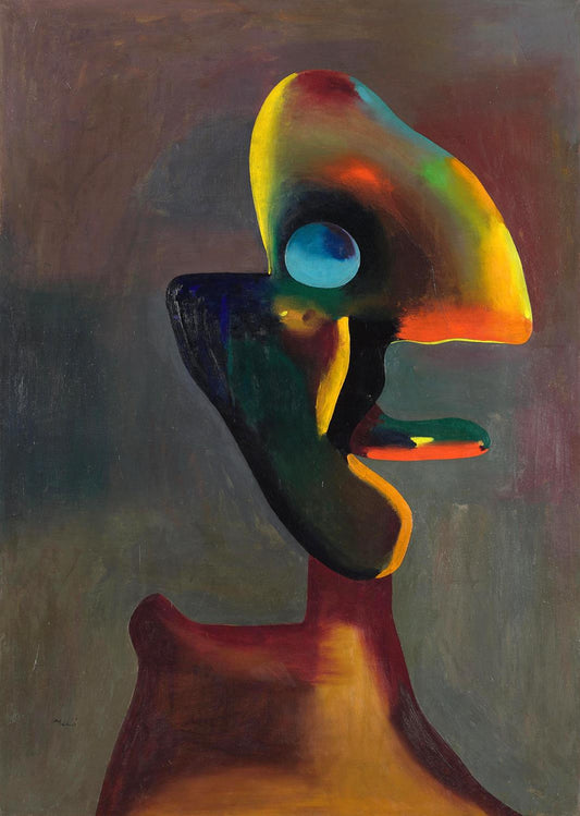 Abstract artwork with a colorful, organic shape on a textured background