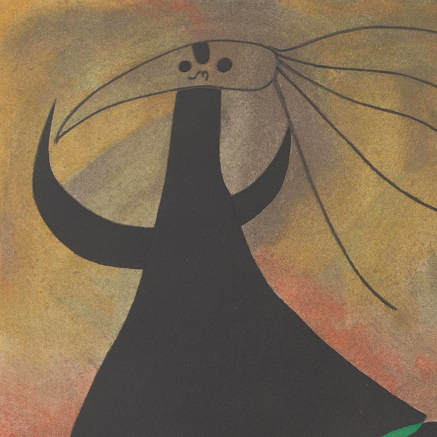 Abstract artwork with a black silhouette of a figure against a multicolored background