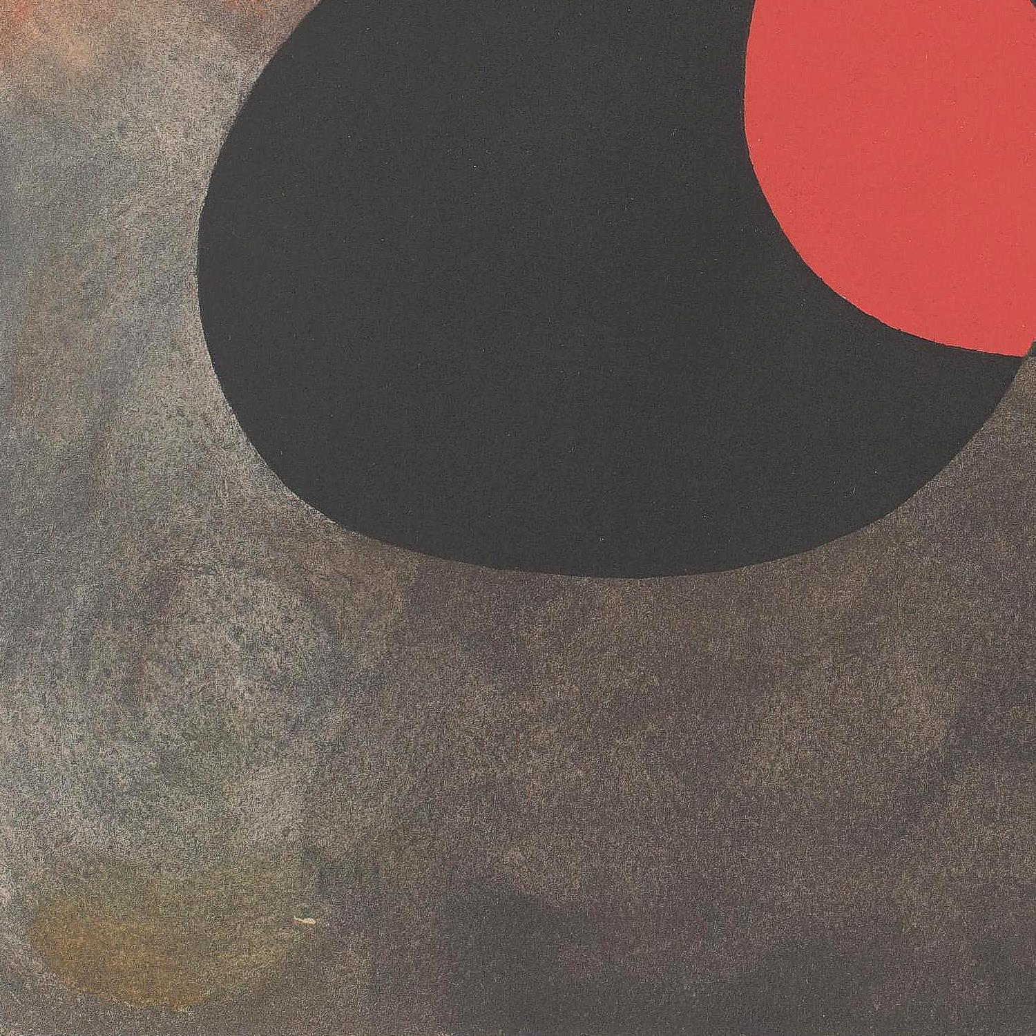 Abstract art with a large black circle and red circle on a textured brown background