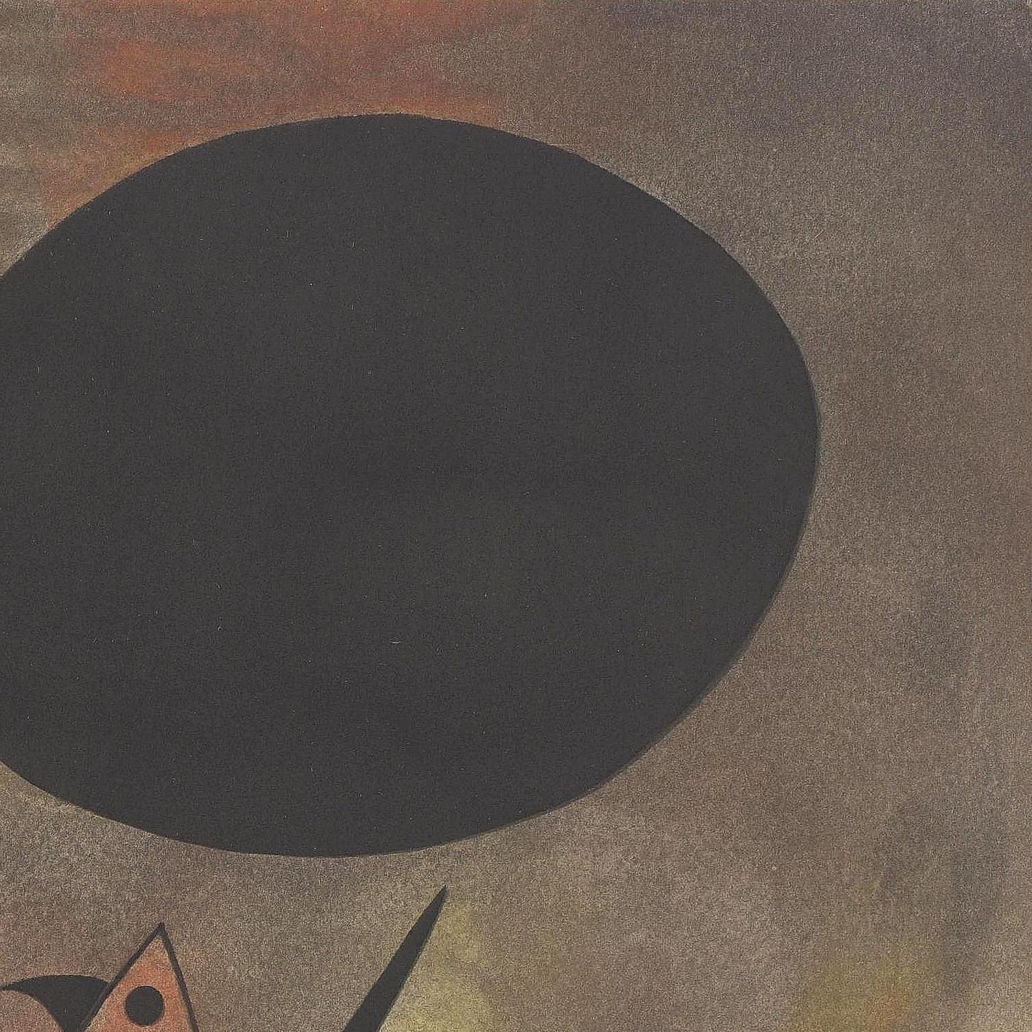 Abstract art with a large black circle on a brown background