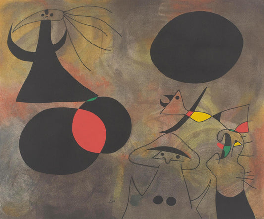 Abstract artwork with geometric shapes and colors on a textured background