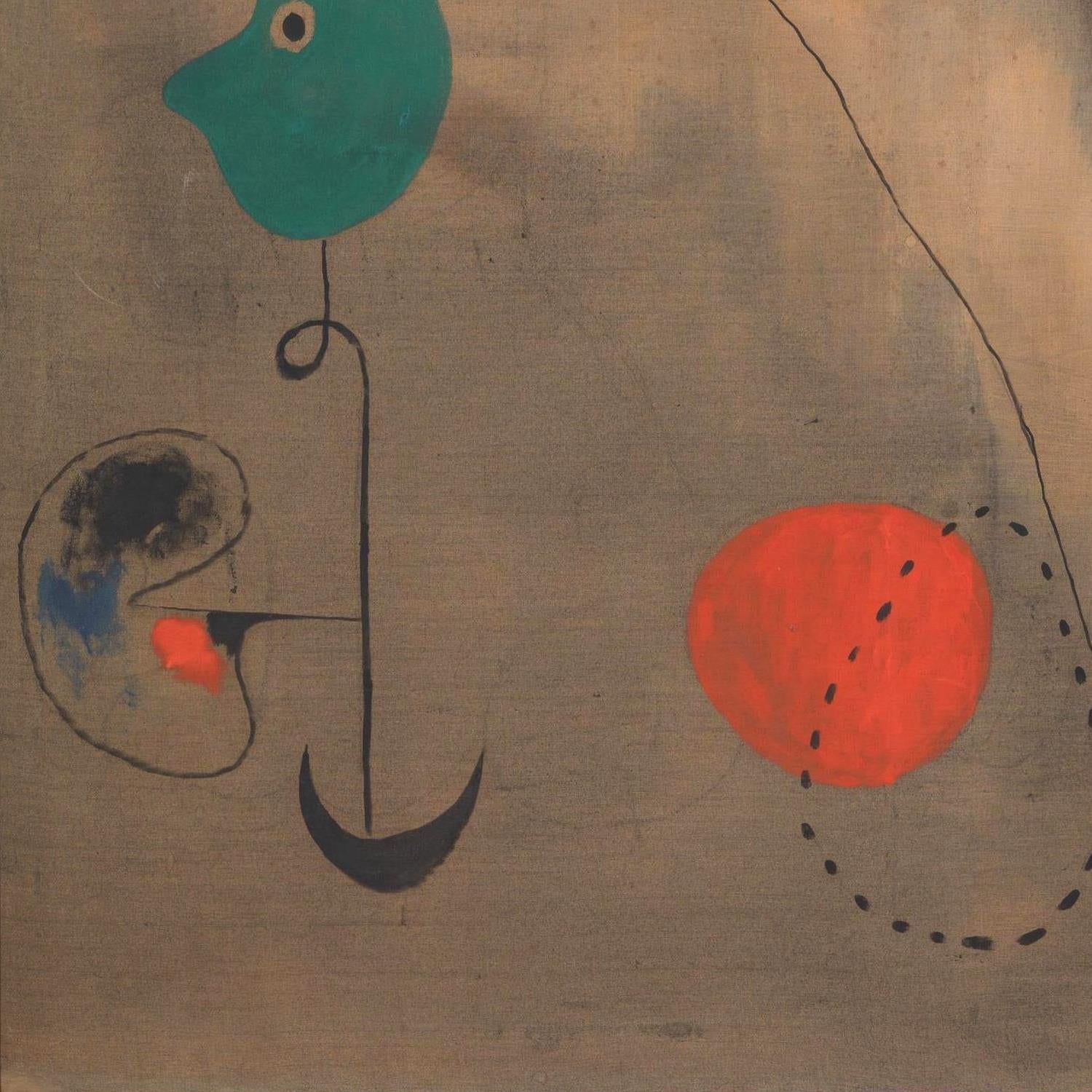 Abstract artwork with a green circle, black line, red circle, and other shapes on a brown background.
