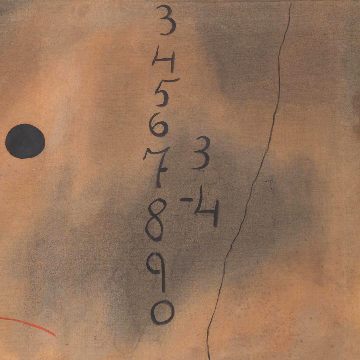 Abstract artwork with numbers and a dot on a textured brown background