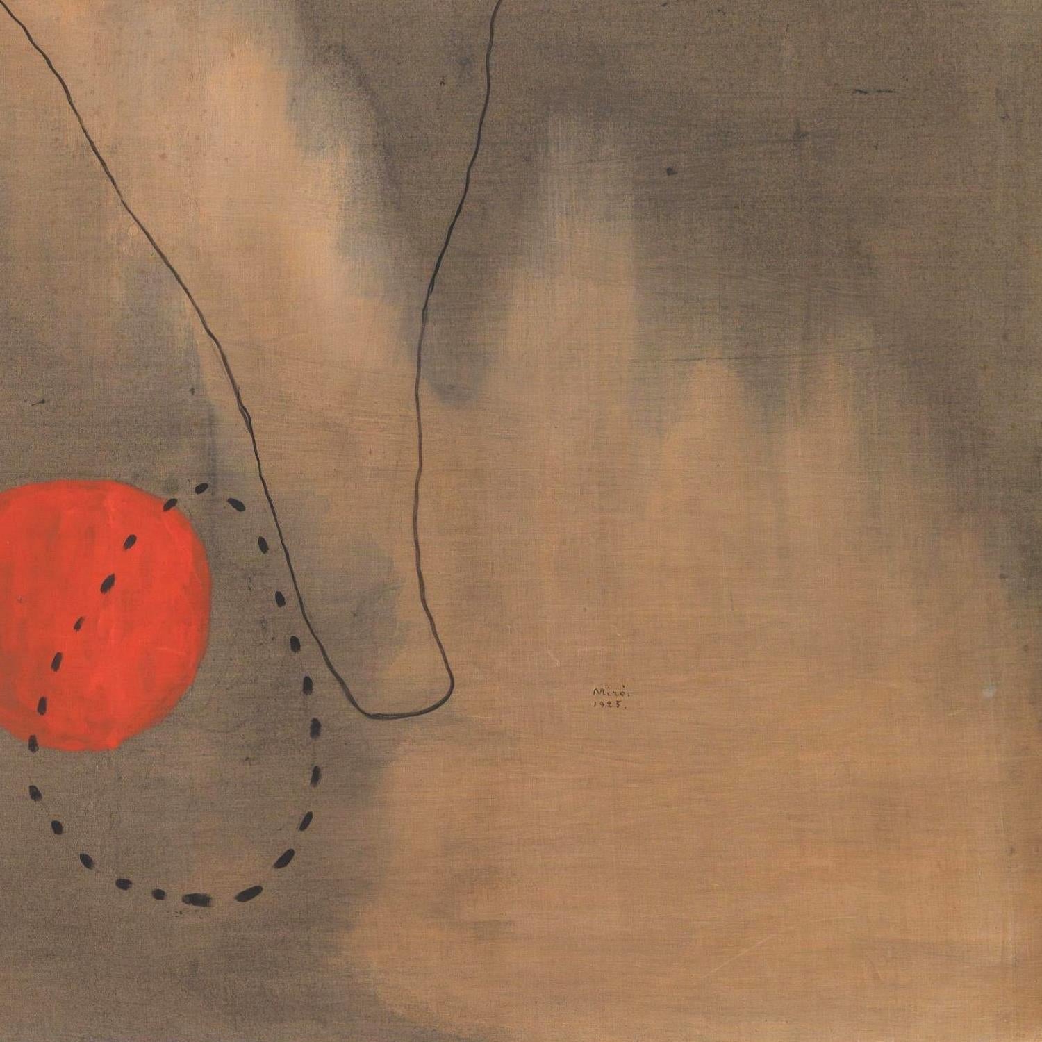 Abstract artwork with a red circle and black lines on a brown background