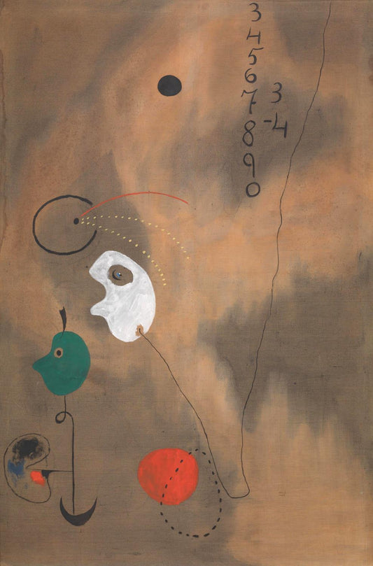 Abstract artwork with shapes and numbers on a brown background