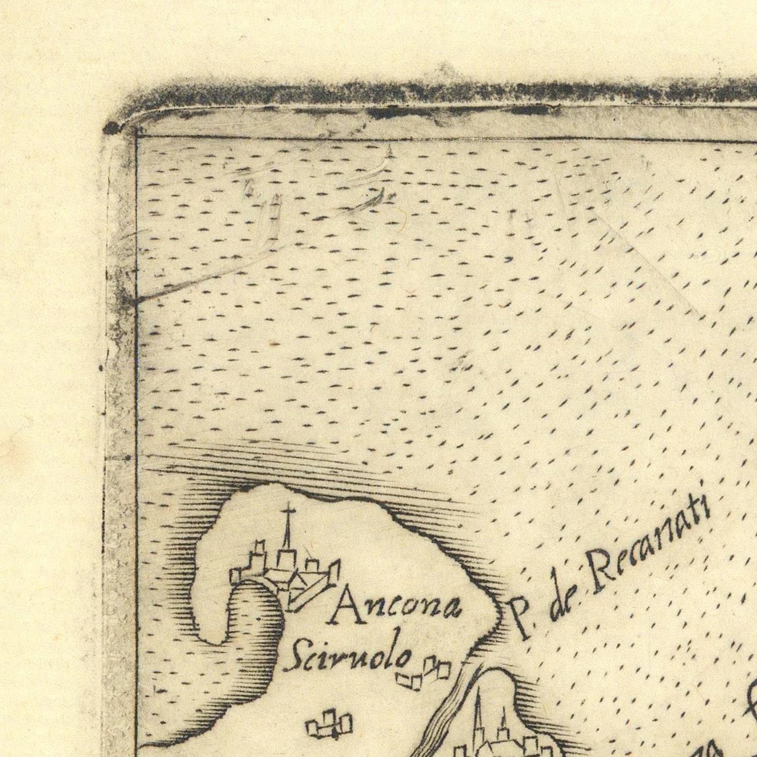 Vintage map detail showing 'Ancona Sciruolo' with a coastal area and text.