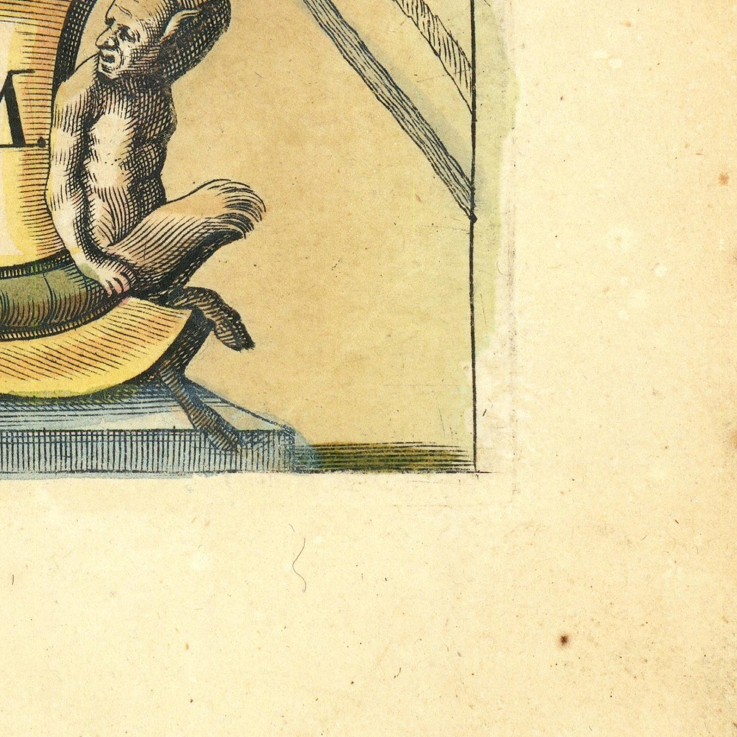 Vintage illustration of a monkey on a chair with a yellow cushion on a textured beige background