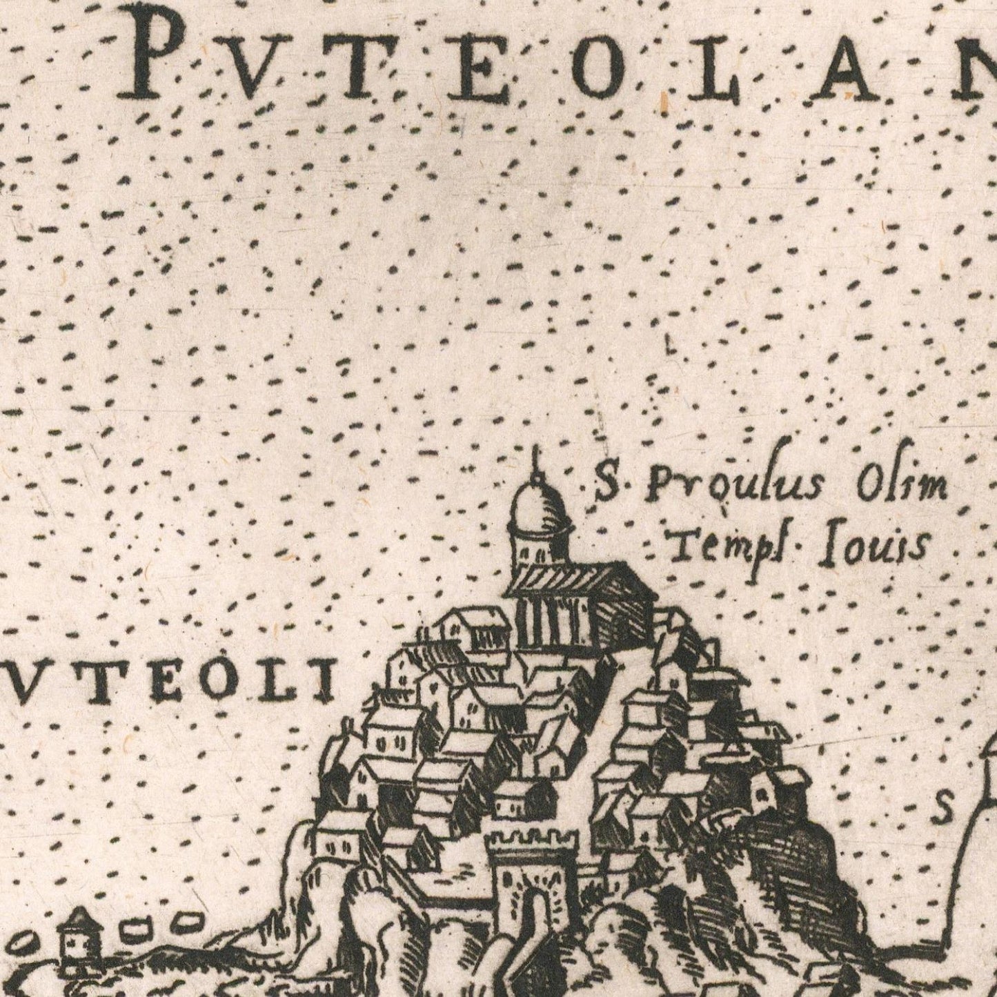 Vintage map detail of a mountainous area with a temple labeled 'S. Præculus Olim Templ. Louis'.