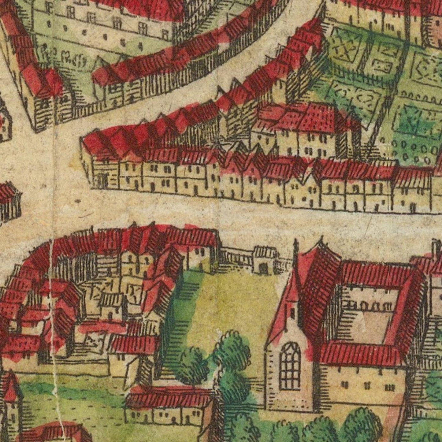 Vintage map detail showing buildings with red roofs and greenery